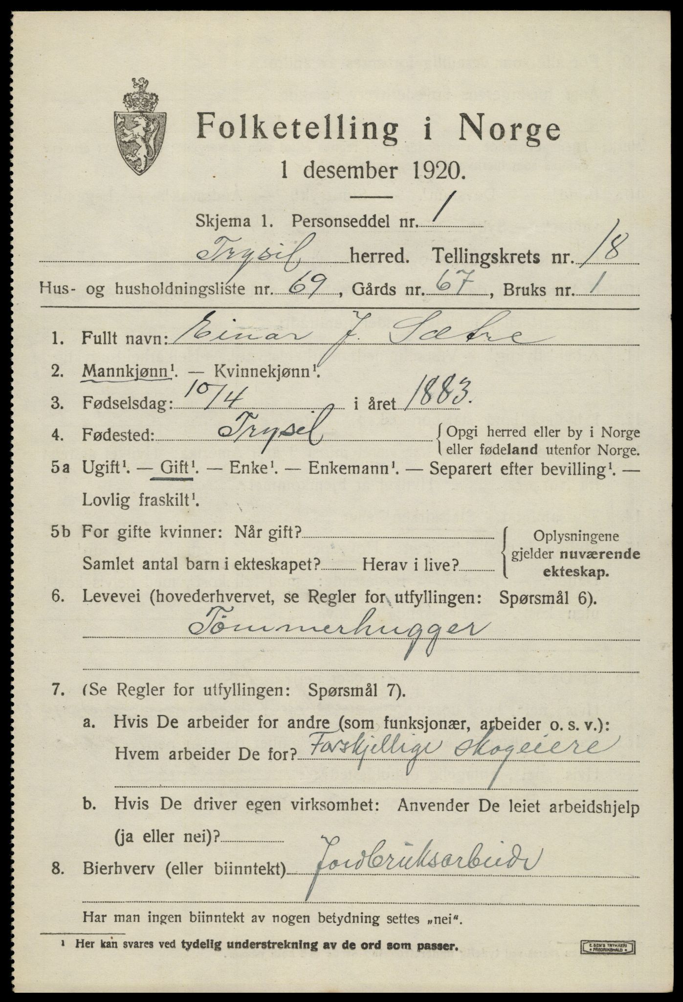 SAH, 1920 census for Trysil, 1920, p. 12589