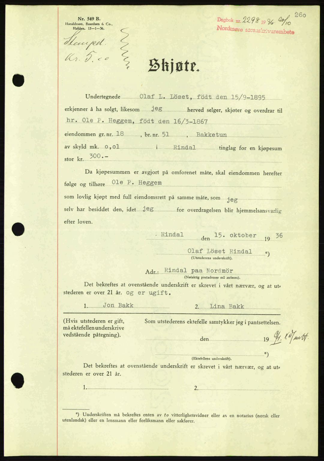 Nordmøre sorenskriveri, AV/SAT-A-4132/1/2/2Ca: Mortgage book no. A80, 1936-1937, Diary no: : 2298/1936