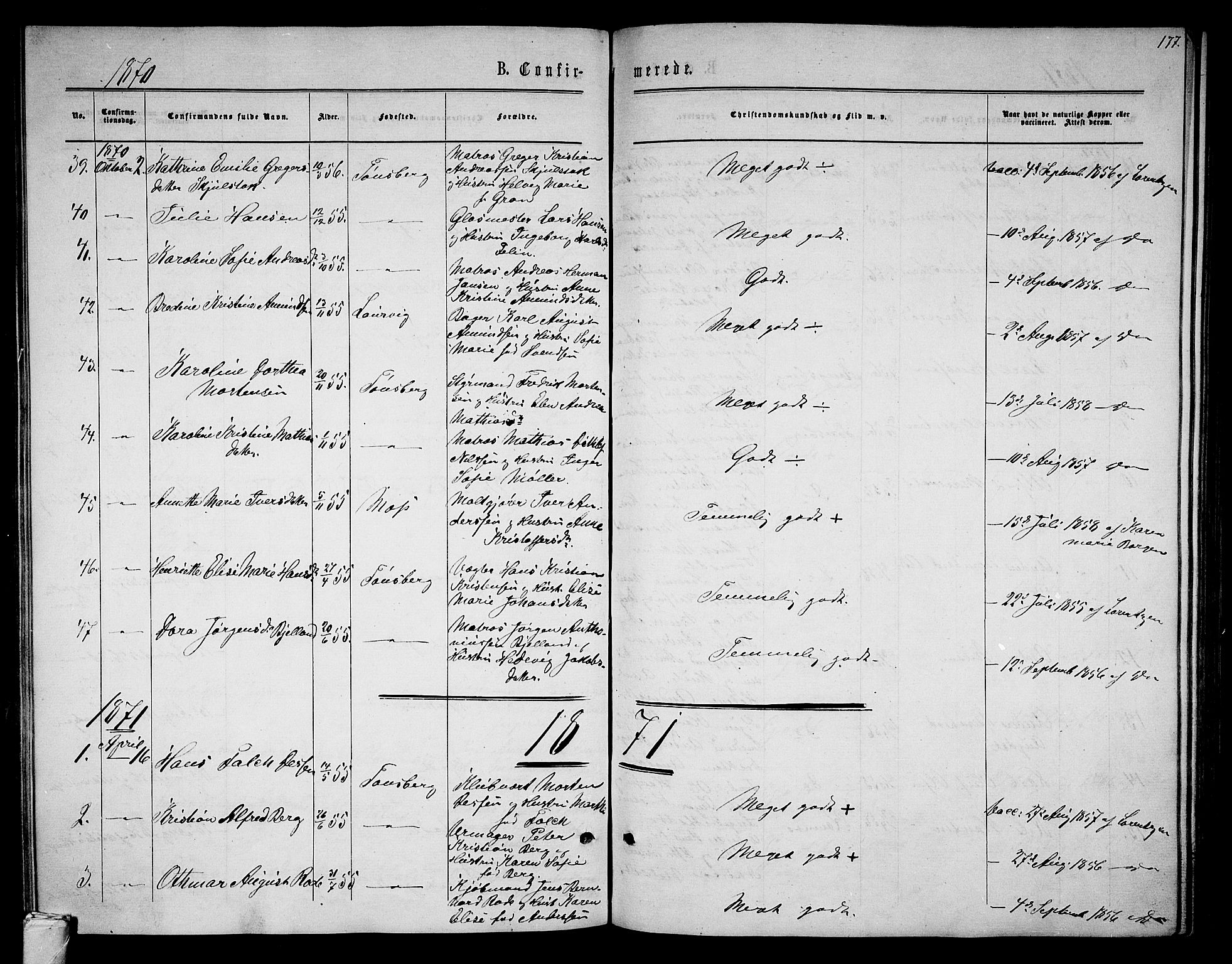 Tønsberg kirkebøker, SAKO/A-330/G/Ga/L0004: Parish register (copy) no. 4, 1865-1874, p. 177