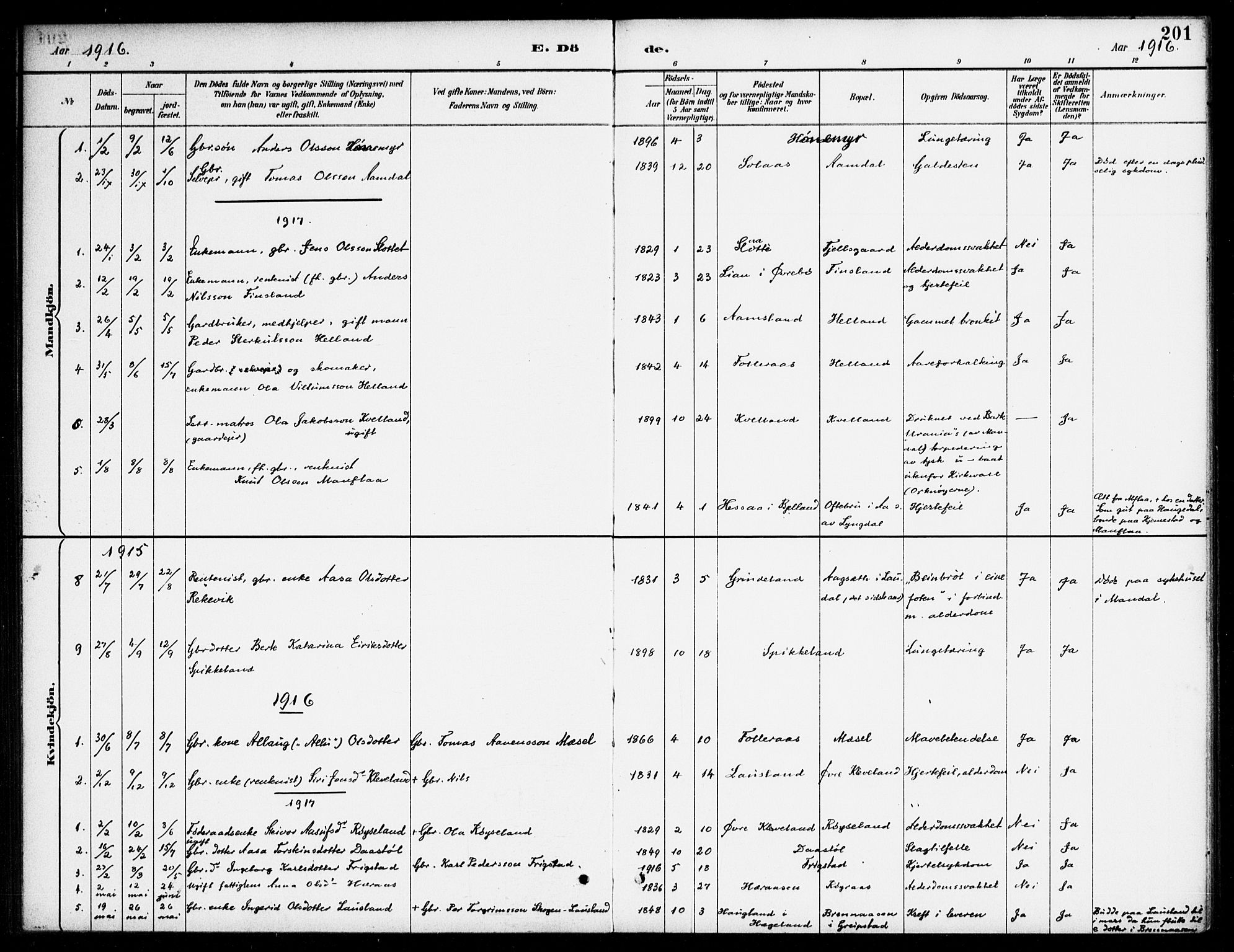 Bjelland sokneprestkontor, SAK/1111-0005/F/Fa/Fab/L0004: Parish register (official) no. A 4, 1887-1920, p. 201