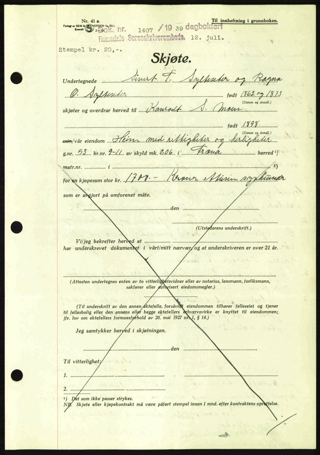 Romsdal sorenskriveri, AV/SAT-A-4149/1/2/2C: Mortgage book no. A7, 1939-1939, Diary no: : 1407/1939