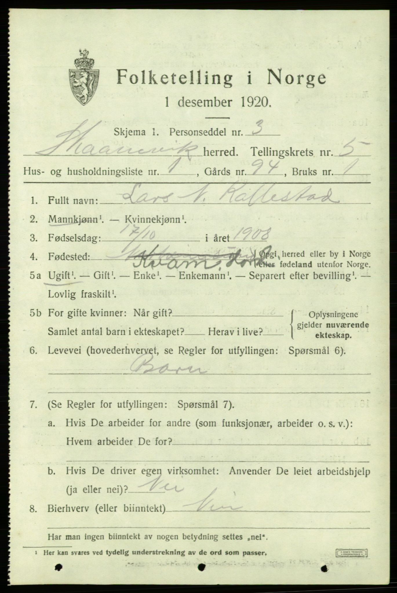 SAB, 1920 census for Skånevik, 1920, p. 3801