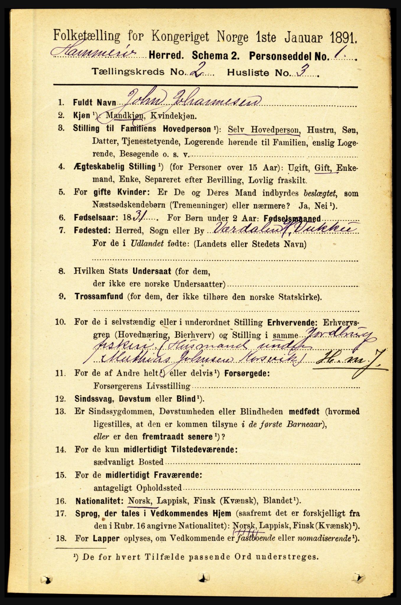 RA, 1891 census for 1849 Hamarøy, 1891, p. 590