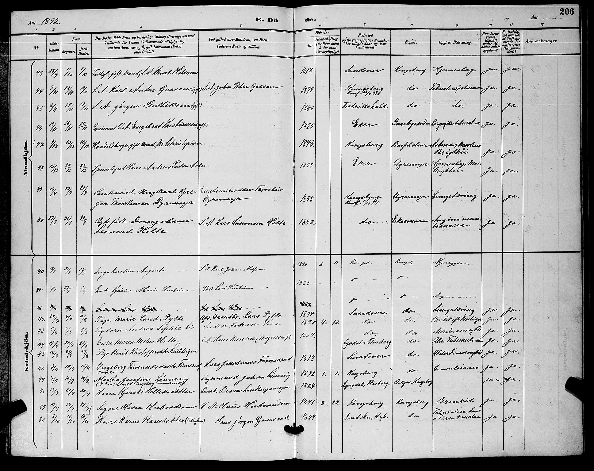 Kongsberg kirkebøker, AV/SAKO-A-22/G/Ga/L0006: Parish register (copy) no. 6, 1890-1901, p. 206