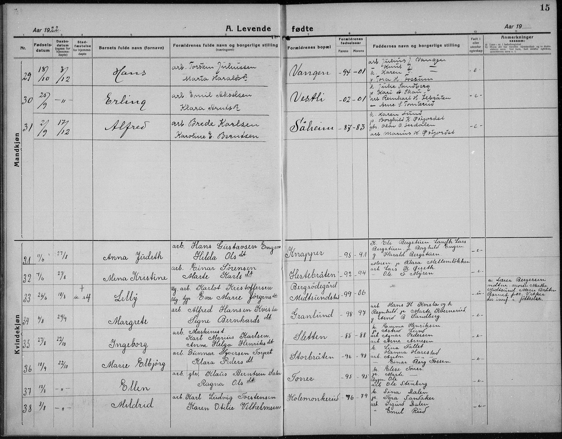 Nord-Odal prestekontor, AV/SAH-PREST-032/H/Ha/Hab/L0004: Parish register (copy) no. 4, 1921-1936, p. 15