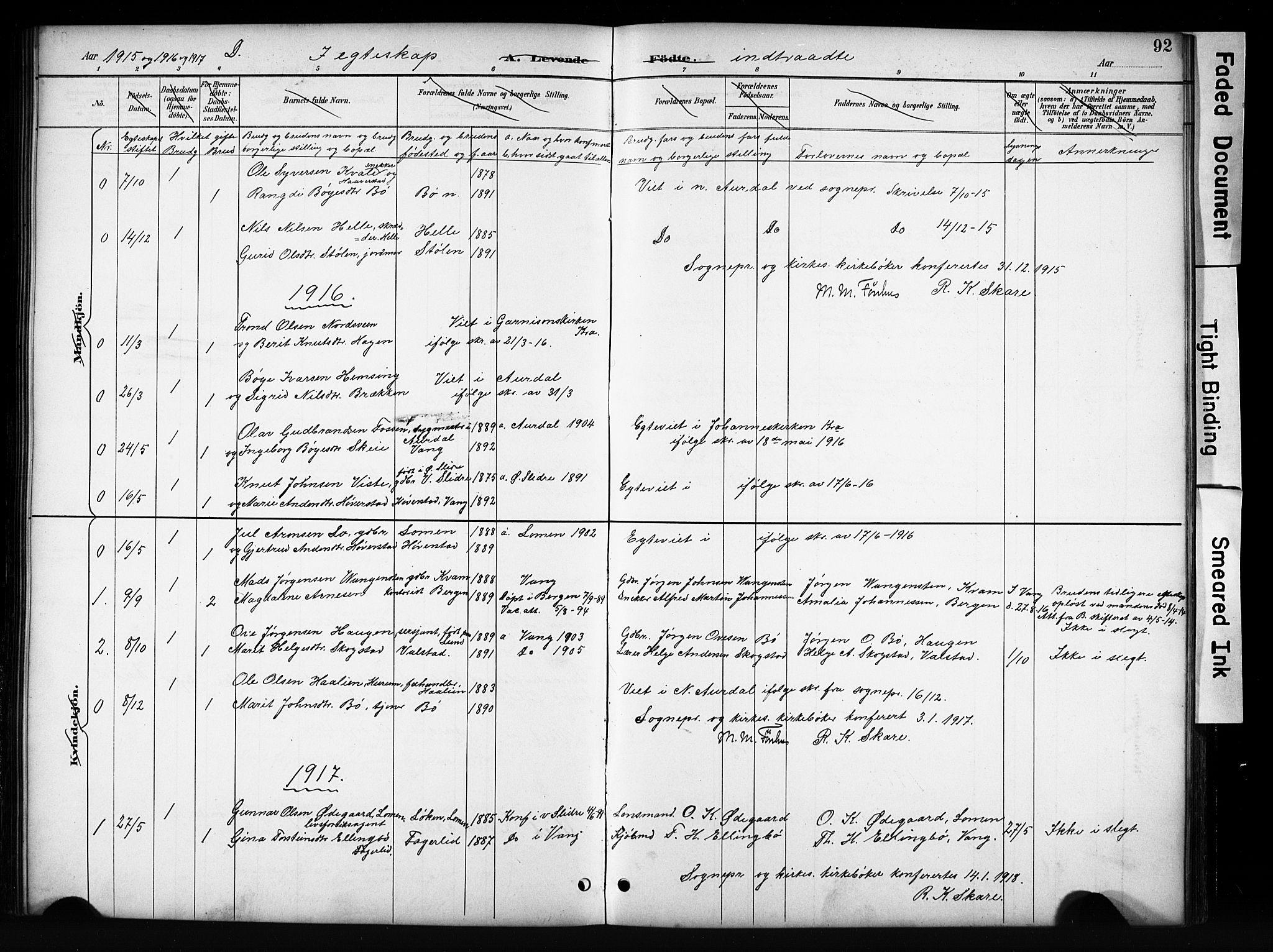 Vang prestekontor, Valdres, SAH/PREST-140/H/Hb/L0006: Parish register (copy) no. 6, 1893-1918, p. 92