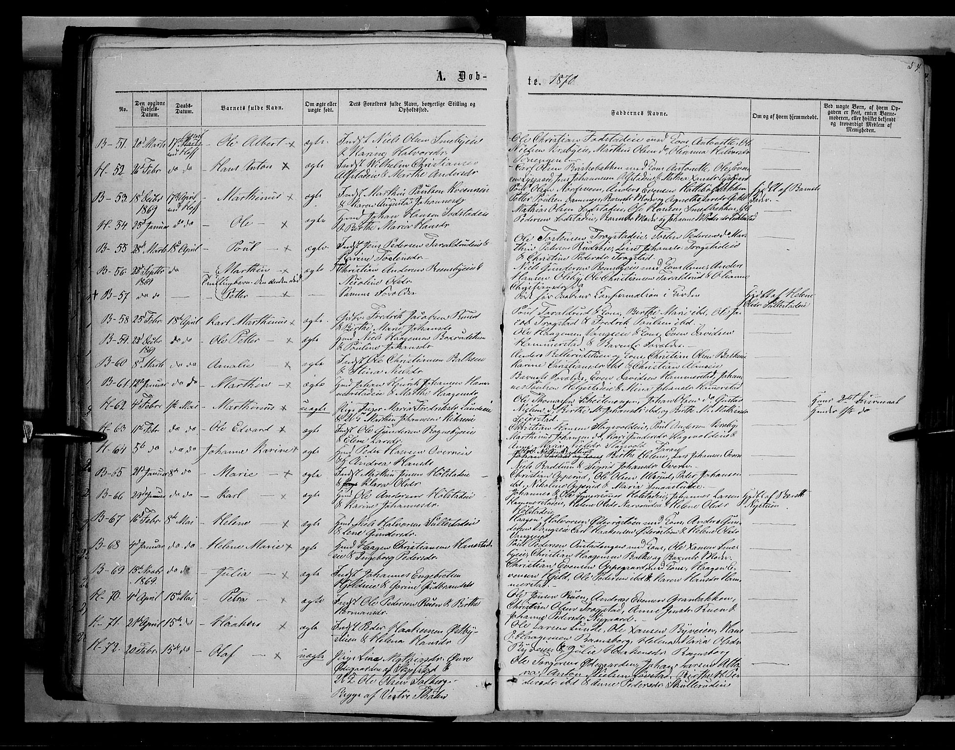 Østre Toten prestekontor, AV/SAH-PREST-104/H/Ha/Haa/L0005: Parish register (official) no. 5, 1866-1877, p. 54