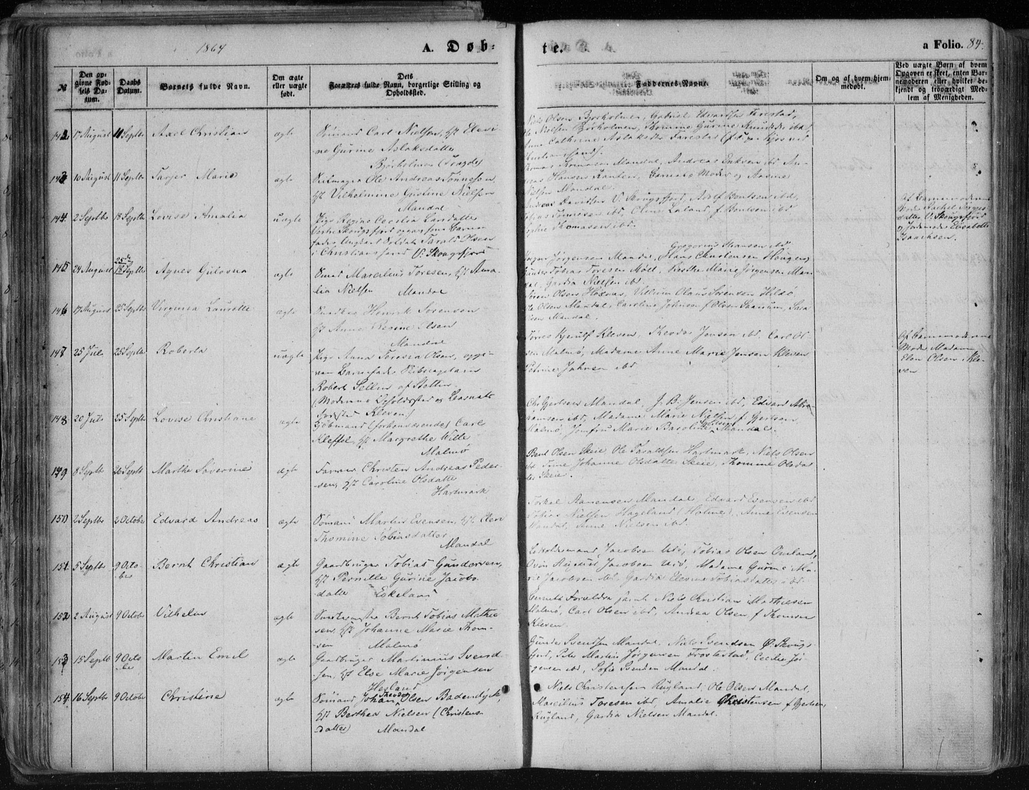 Mandal sokneprestkontor, SAK/1111-0030/F/Fa/Faa/L0014: Parish register (official) no. A 14, 1859-1872, p. 84