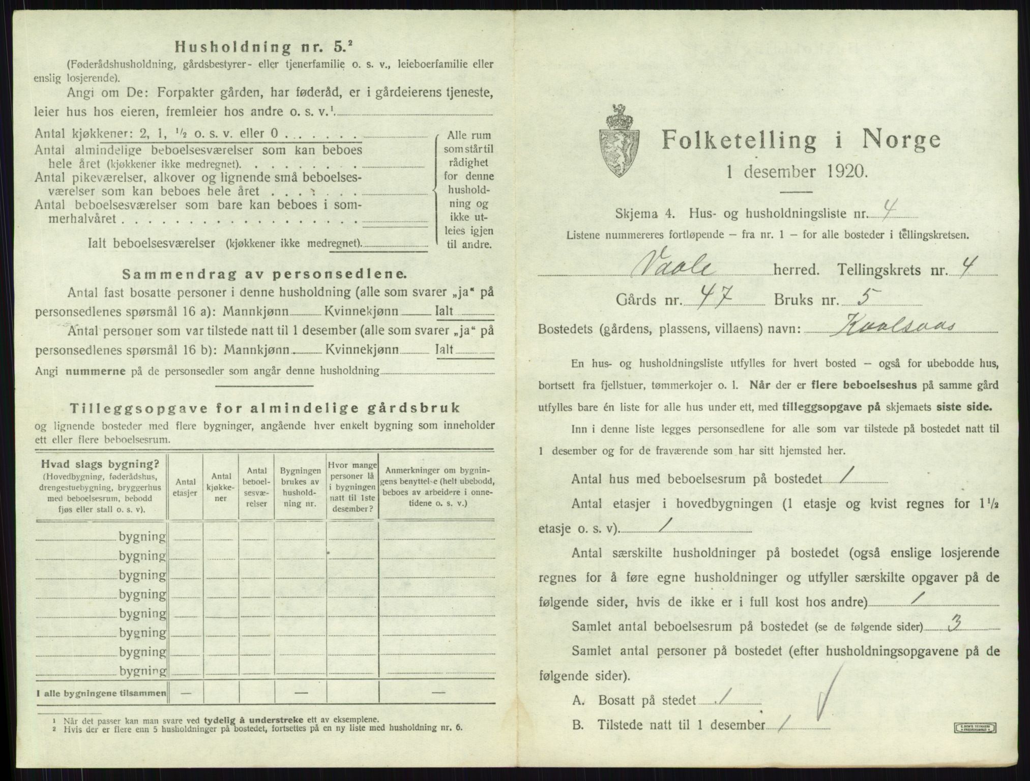 SAKO, 1920 census for Våle, 1920, p. 412