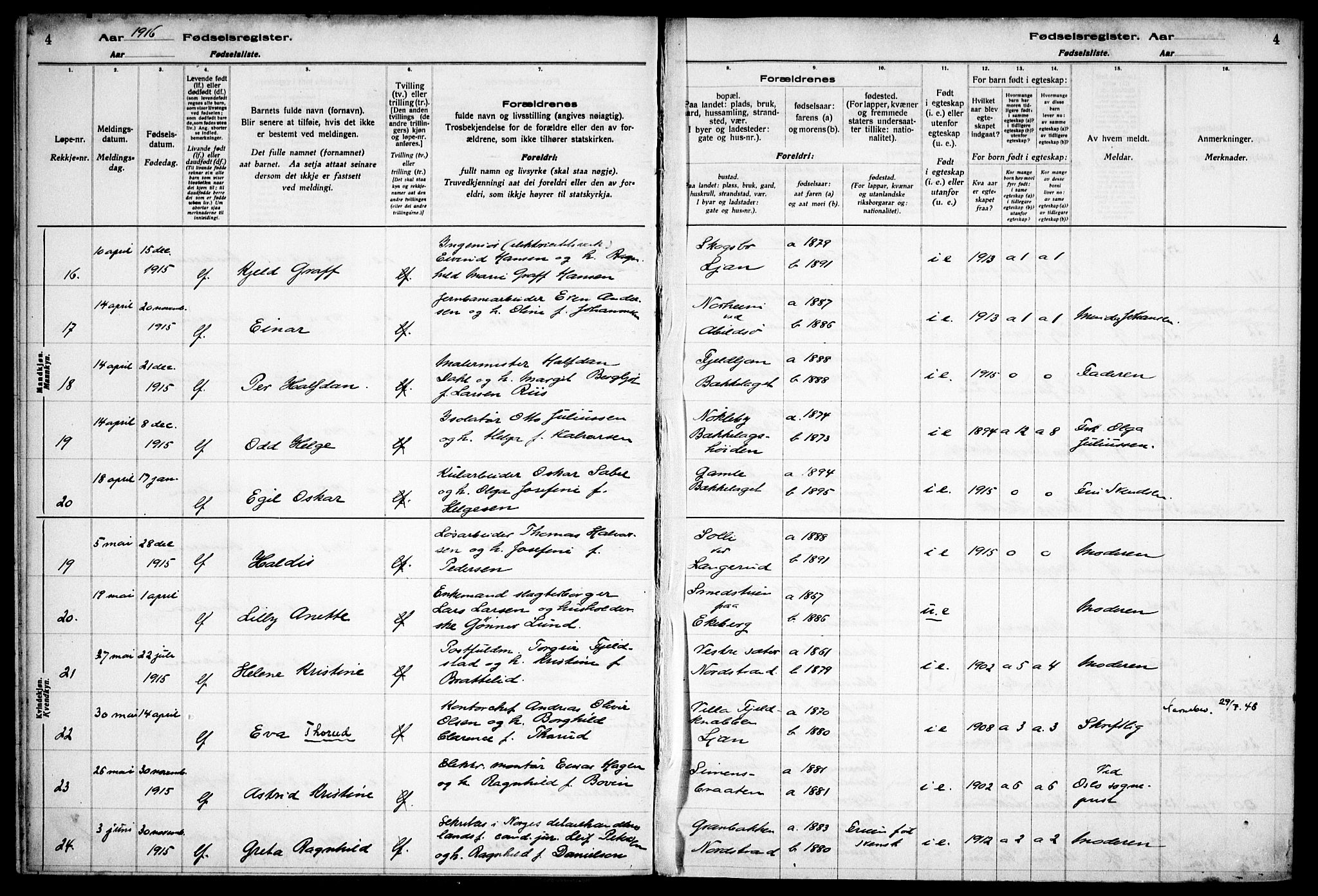 Nordstrand prestekontor Kirkebøker, AV/SAO-A-10362a/J/Ja/L0001: Birth register no. I 1, 1916-1924, p. 4