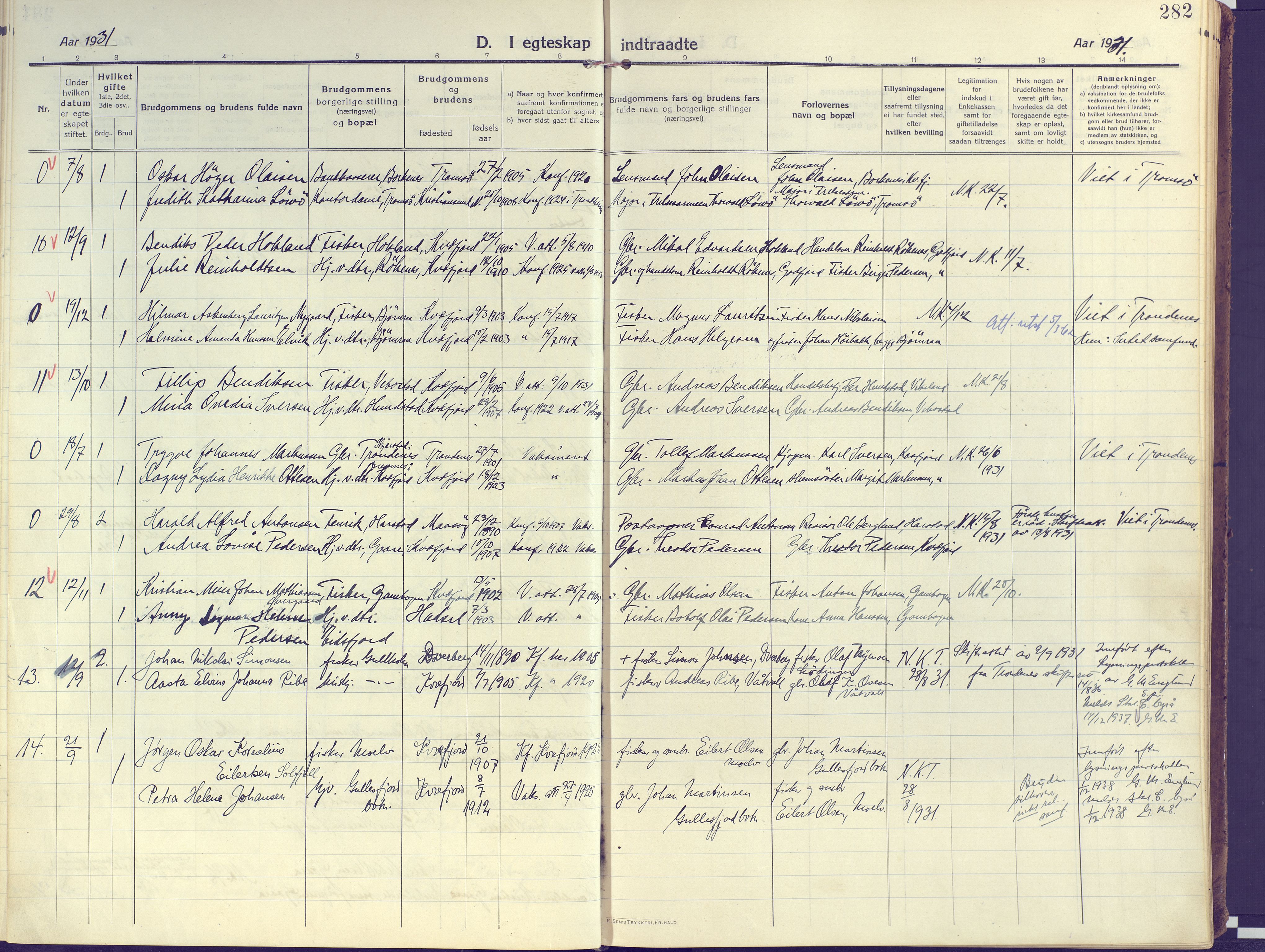 Kvæfjord sokneprestkontor, AV/SATØ-S-1323/G/Ga/Gaa/L0007kirke: Parish register (official) no. 7, 1915-1931, p. 282