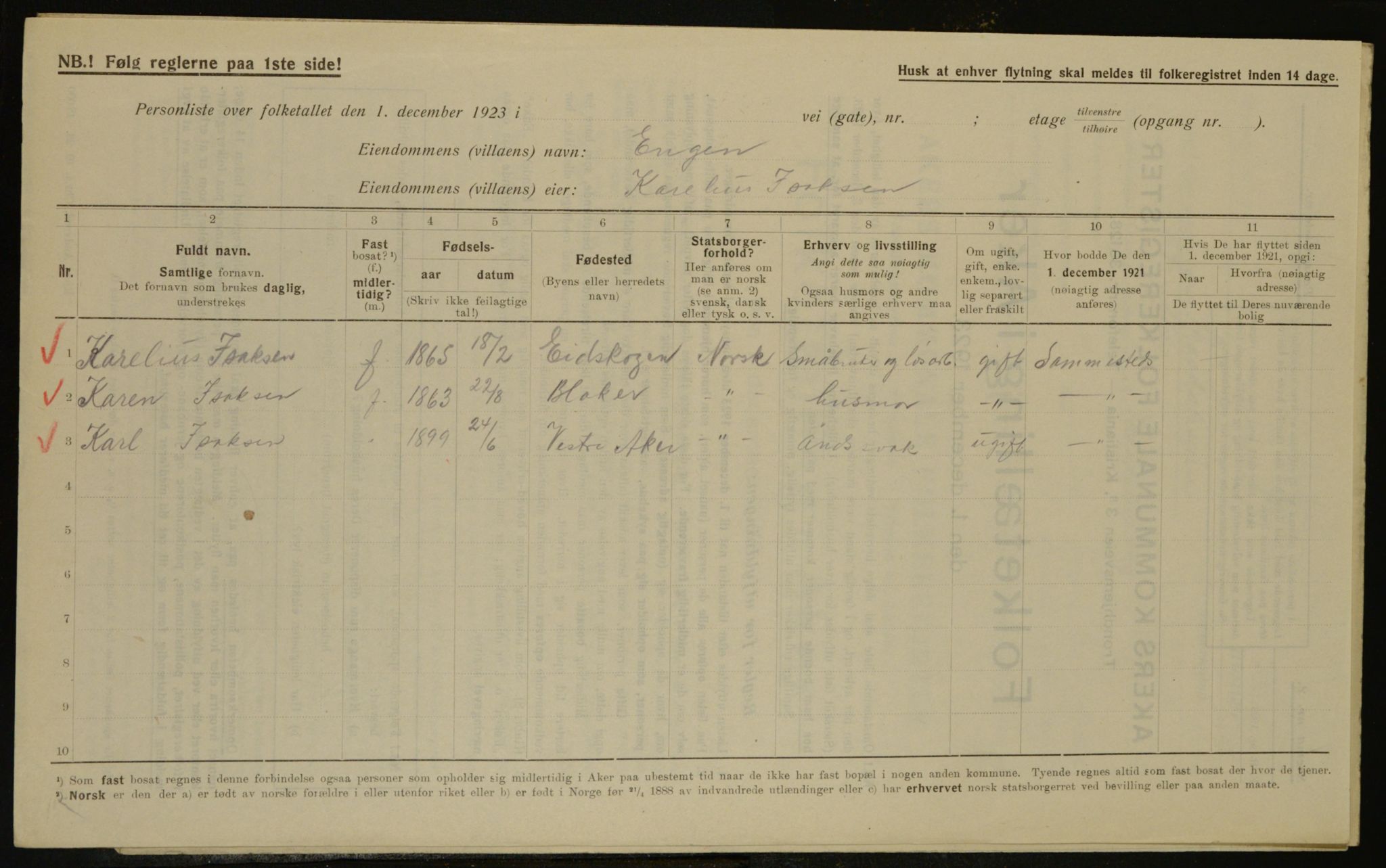 , Municipal Census 1923 for Aker, 1923, p. 16778