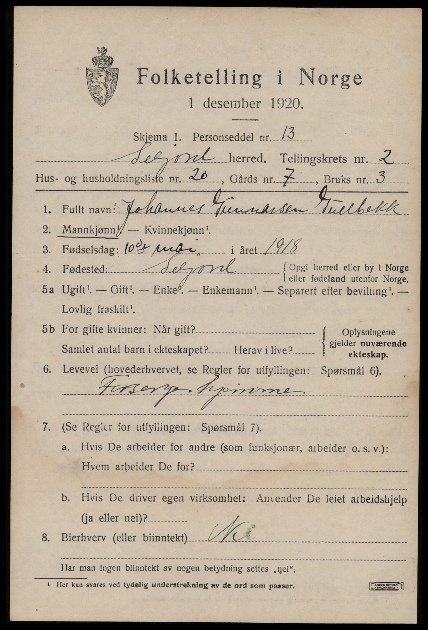 SAKO, 1920 census for Seljord, 1920, p. 1742