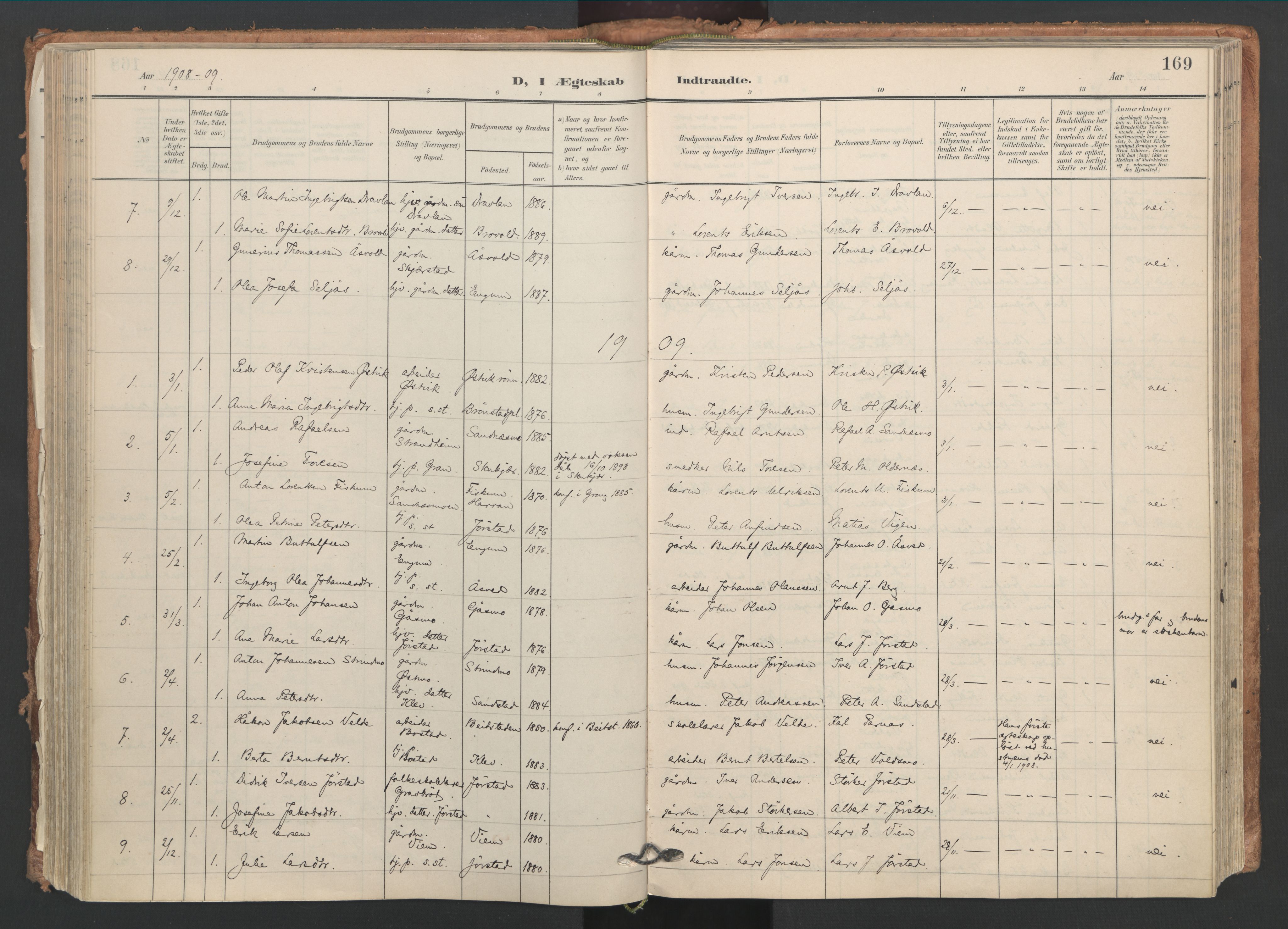 Ministerialprotokoller, klokkerbøker og fødselsregistre - Nord-Trøndelag, AV/SAT-A-1458/749/L0477: Parish register (official) no. 749A11, 1902-1927, p. 169