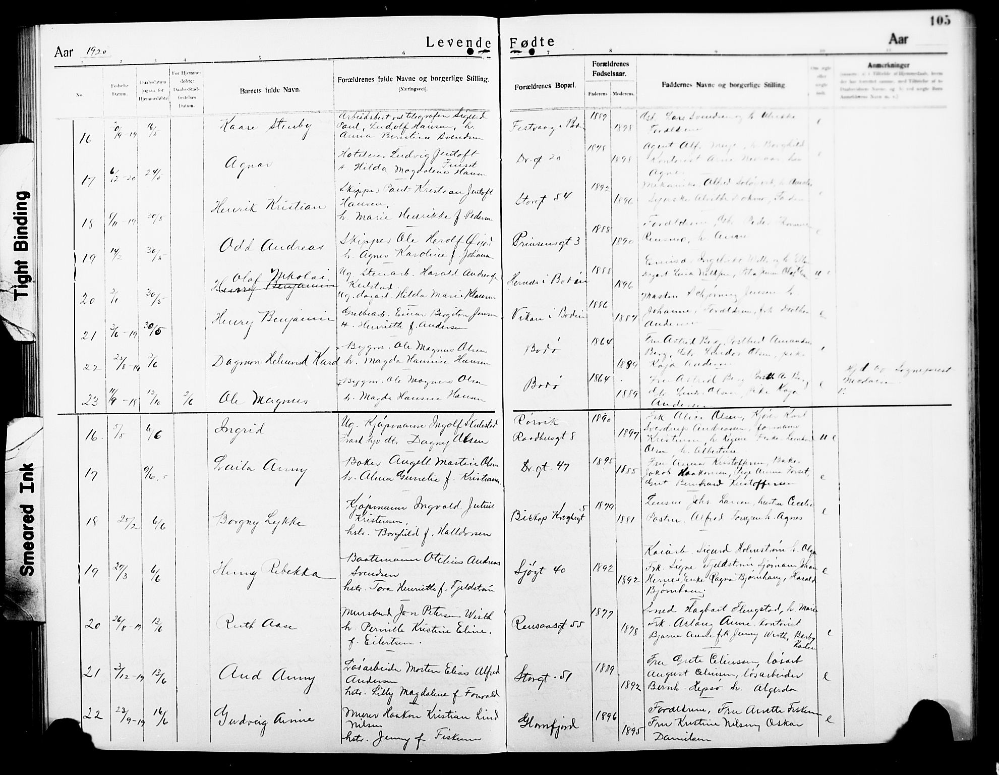 Ministerialprotokoller, klokkerbøker og fødselsregistre - Nordland, SAT/A-1459/801/L0034: Parish register (copy) no. 801C09, 1910-1922, p. 105