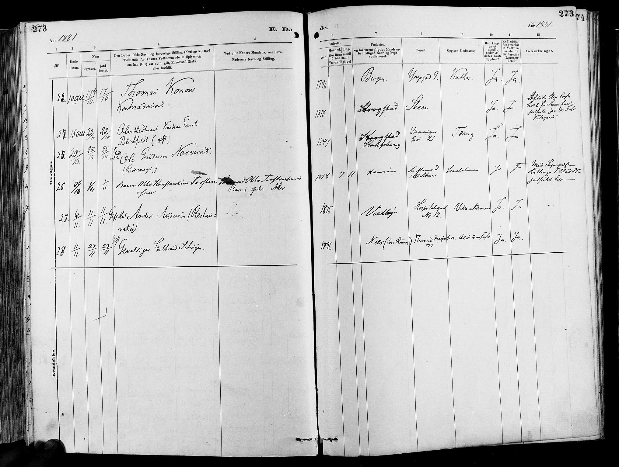 Garnisonsmenigheten Kirkebøker, SAO/A-10846/F/Fa/L0012: Parish register (official) no. 12, 1880-1893, p. 273