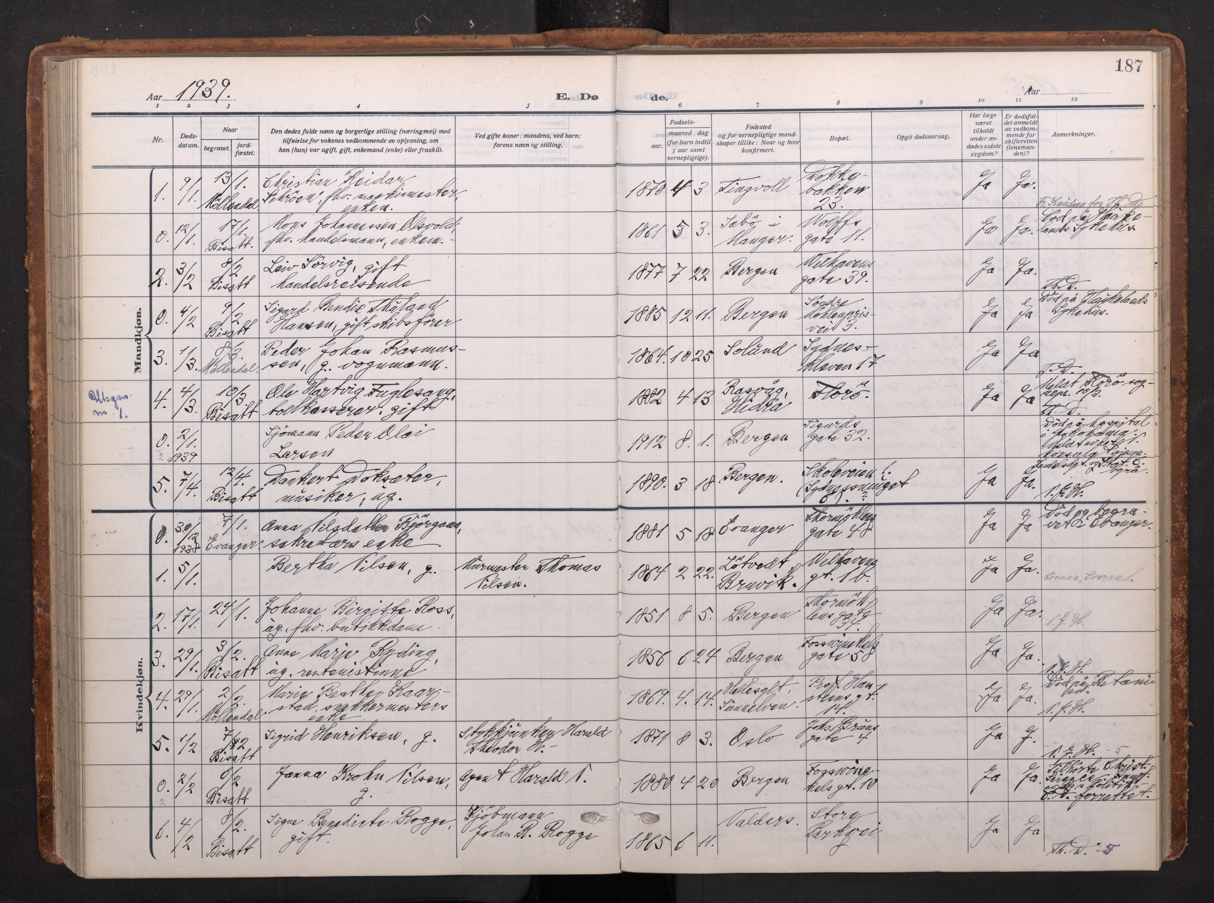 Johanneskirken sokneprestembete, AV/SAB-A-76001/H/Haa/L0020: Parish register (official) no. E 2, 1916-1951, p. 187