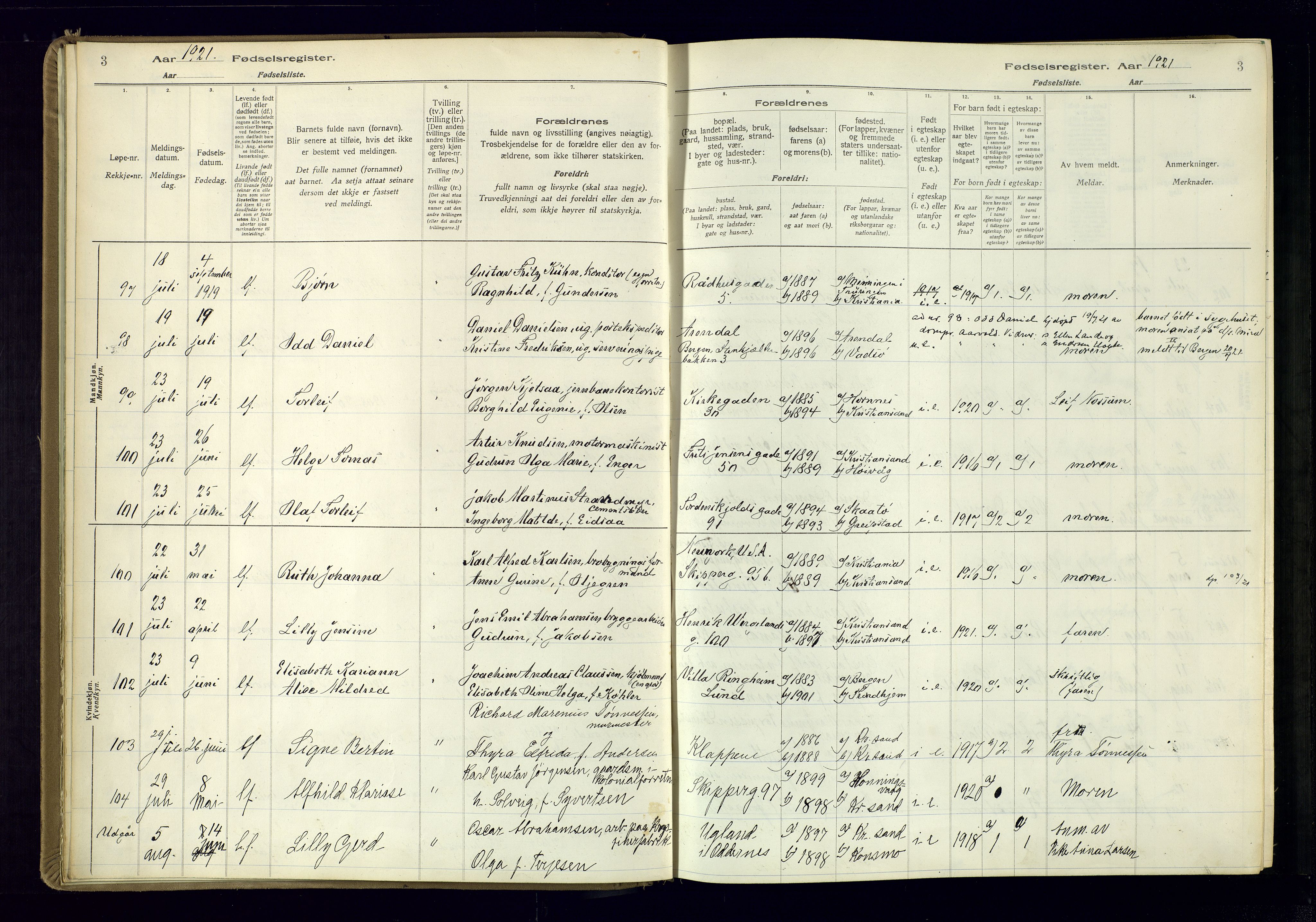 Kristiansand domprosti, AV/SAK-1112-0006/J/Jc/L0002: Birth register no. A-VI-46, 1921-1926, p. 3