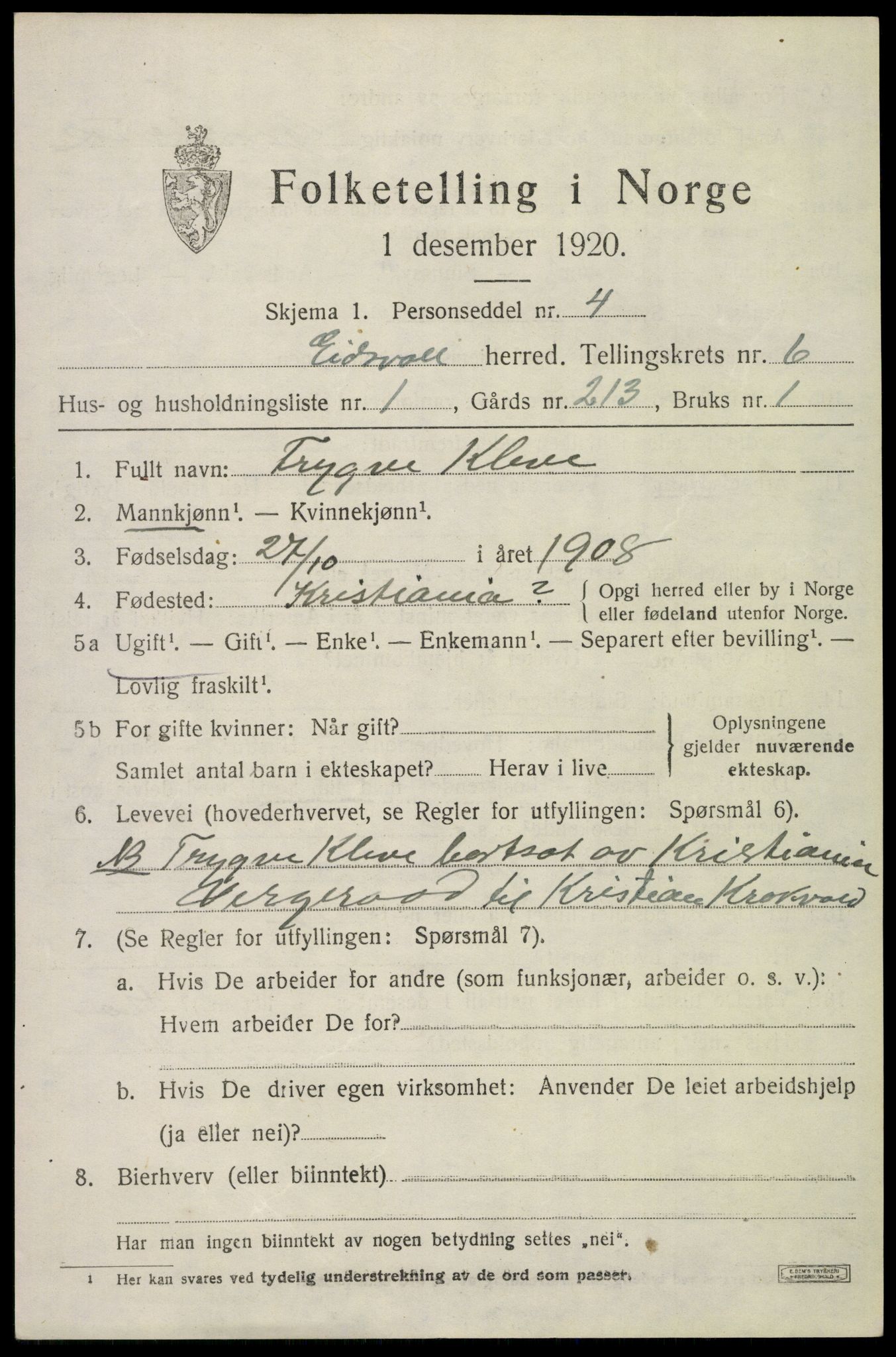 SAO, 1920 census for Eidsvoll, 1920, p. 10747