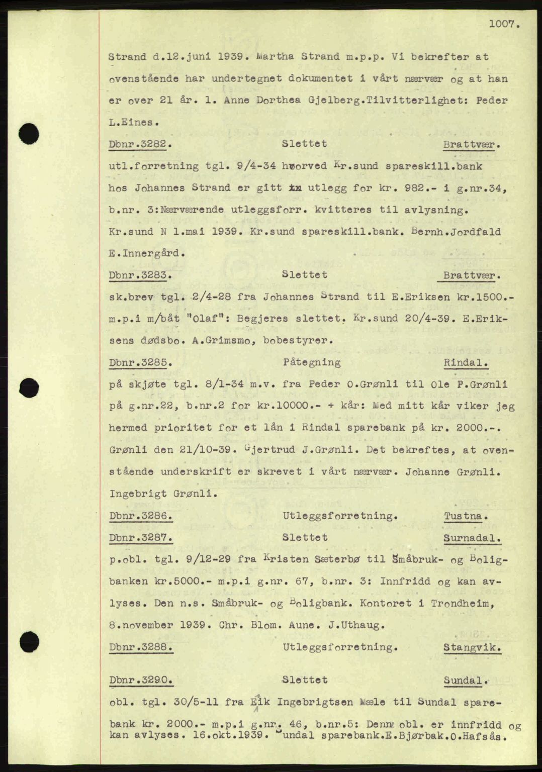 Nordmøre sorenskriveri, AV/SAT-A-4132/1/2/2Ca: Mortgage book no. C80, 1936-1939, Diary no: : 3282/1939