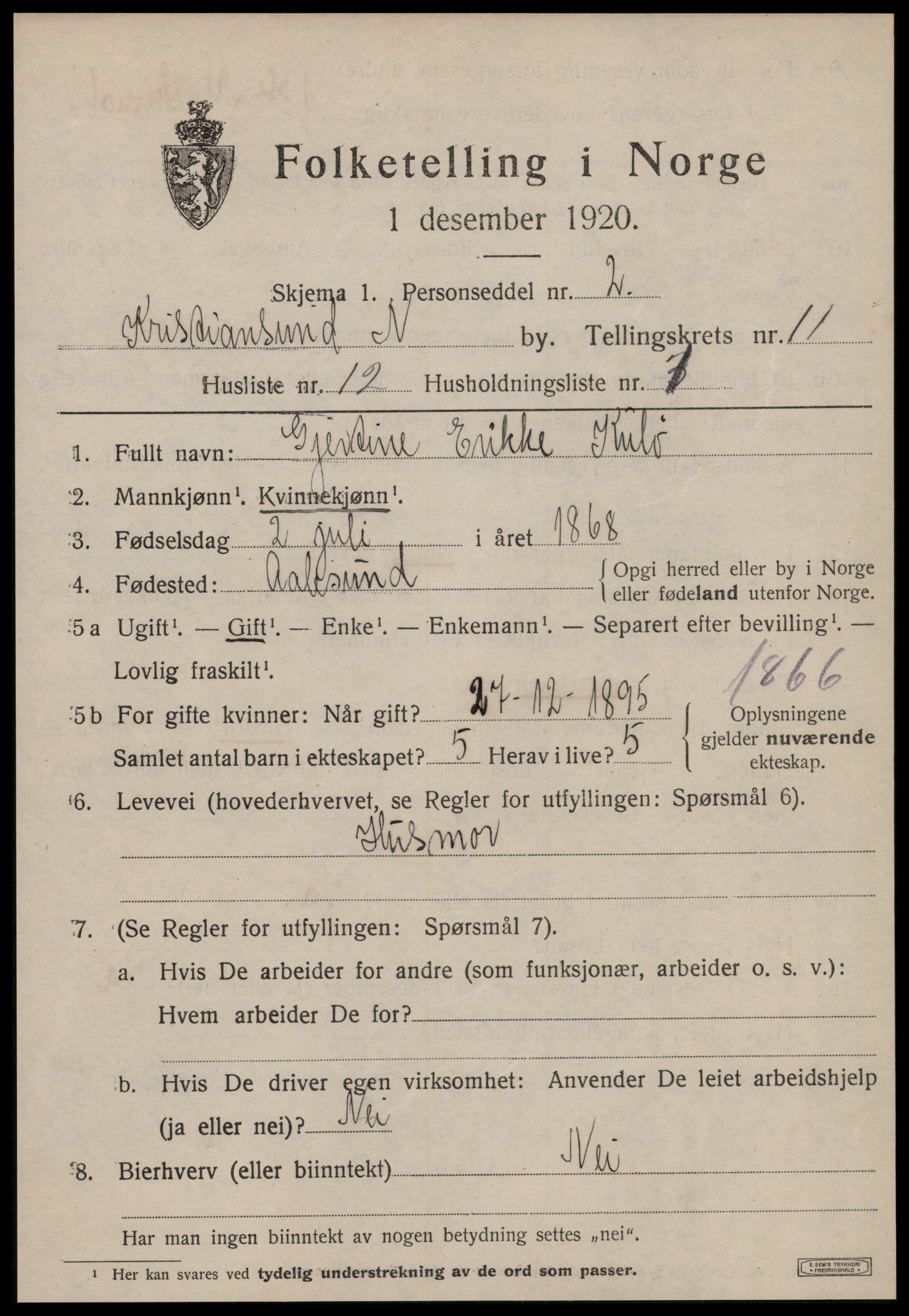 SAT, 1920 census for Kristiansund, 1920, p. 24291