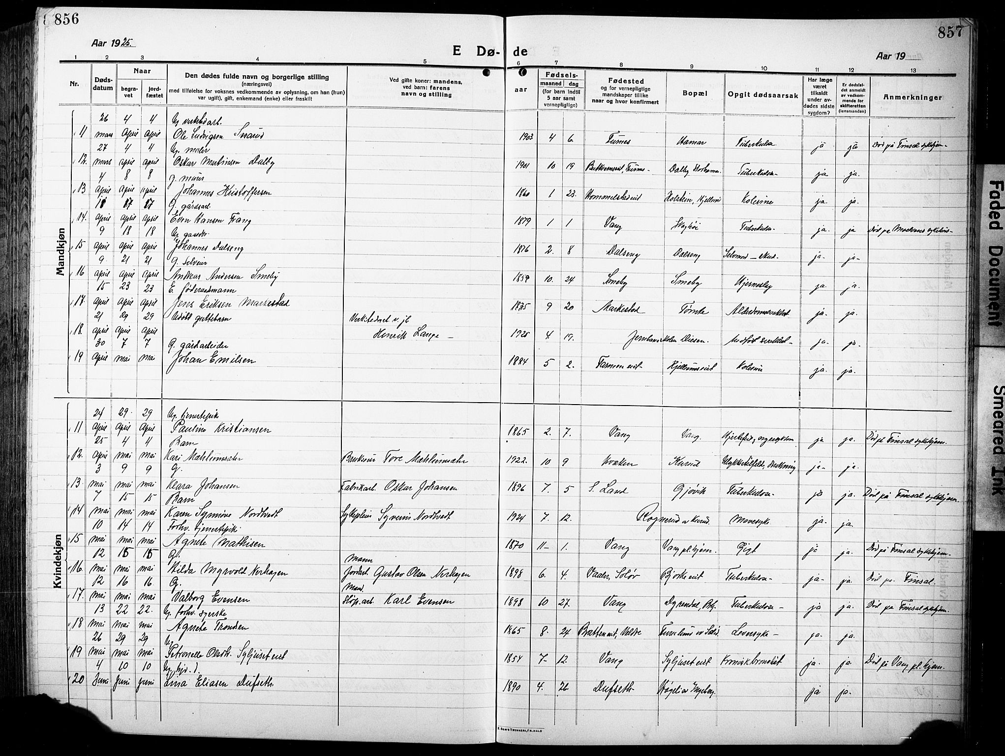 Vang prestekontor, Hedmark, AV/SAH-PREST-008/H/Ha/Hab/L0015: Parish register (copy) no. 15, 1915-1933, p. 856-857