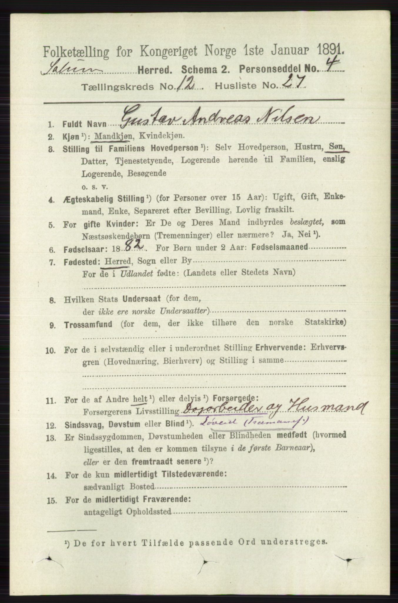 RA, 1891 census for 0818 Solum, 1891, p. 5741