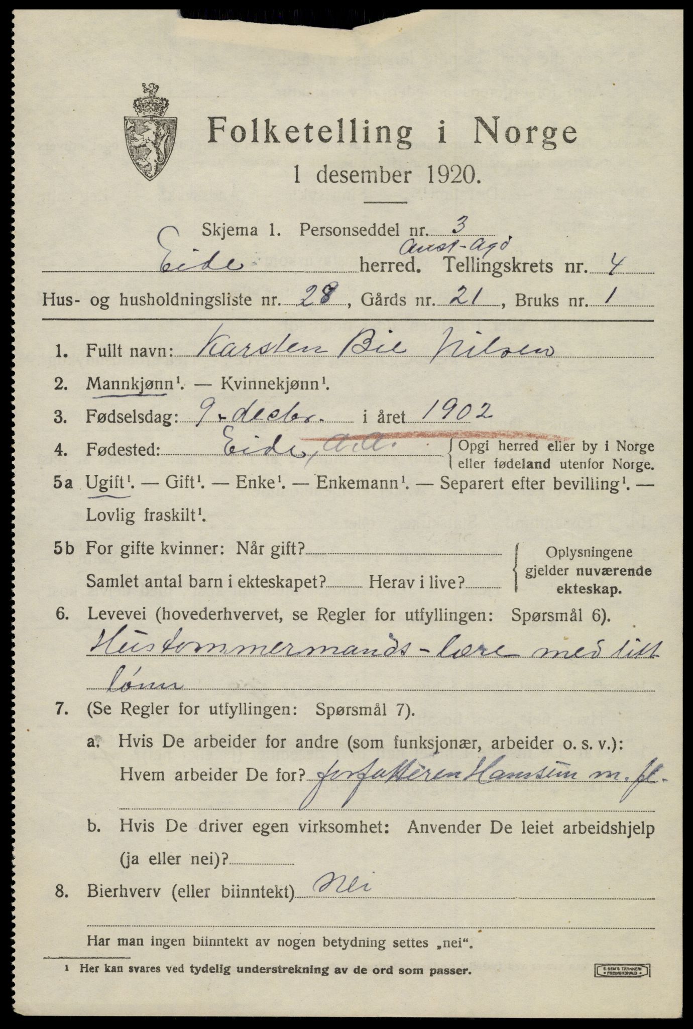 SAK, 1920 census for Eide, 1920, p. 1378