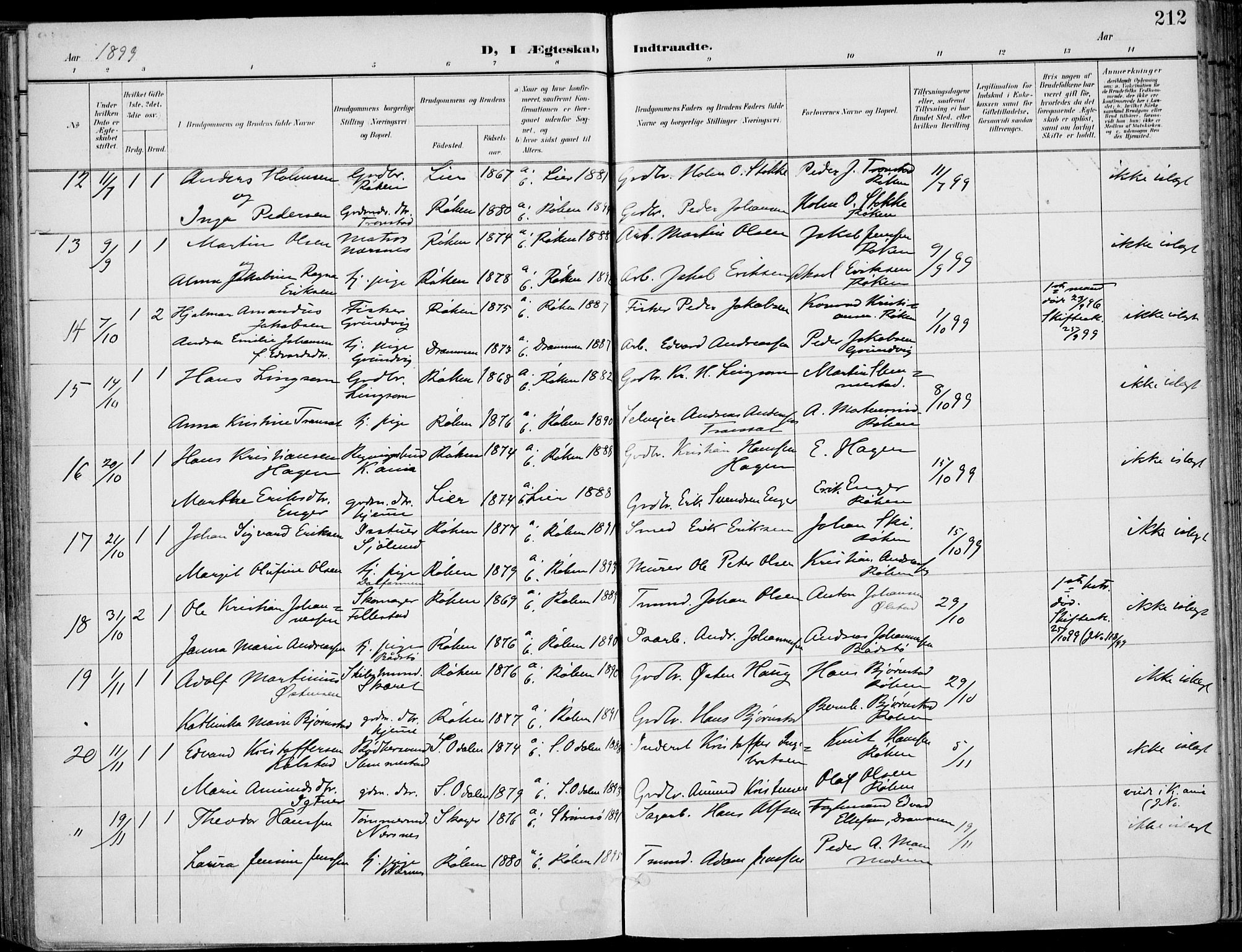 Røyken kirkebøker, SAKO/A-241/F/Fa/L0009: Parish register (official) no. 9, 1898-1911, p. 212