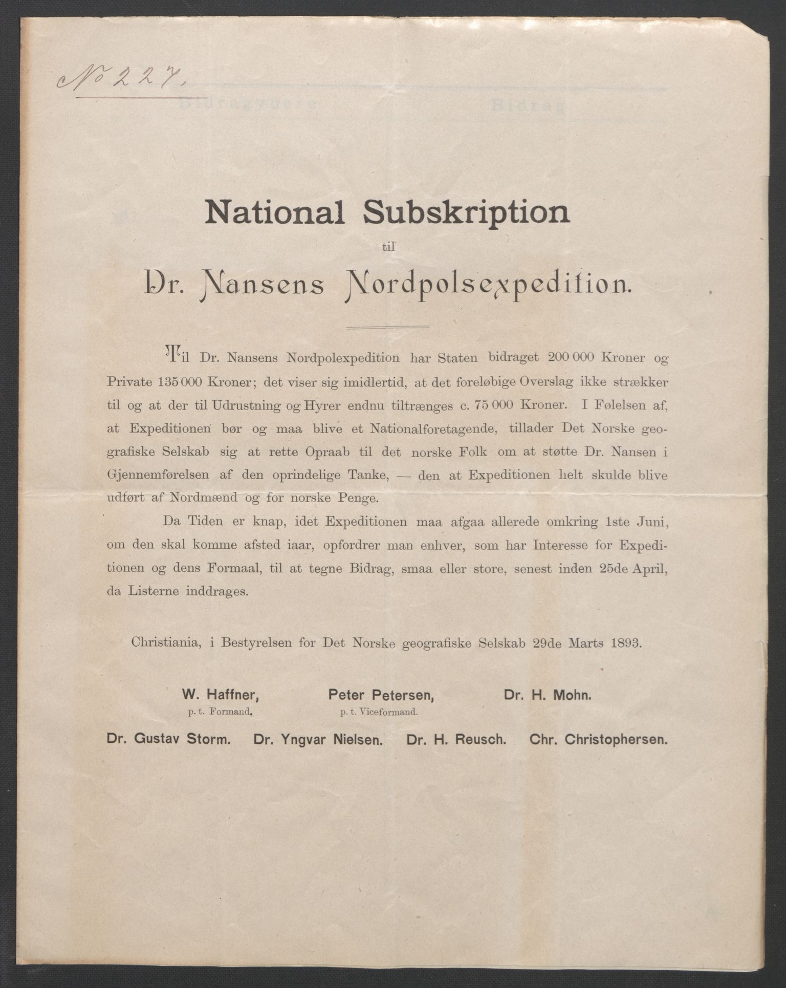 Arbeidskomitéen for Fridtjof Nansens polarekspedisjon, AV/RA-PA-0061/D/L0001/0004: Pengeinnsamlingen / Bidragslister med følgebrev, 1893, p. 12