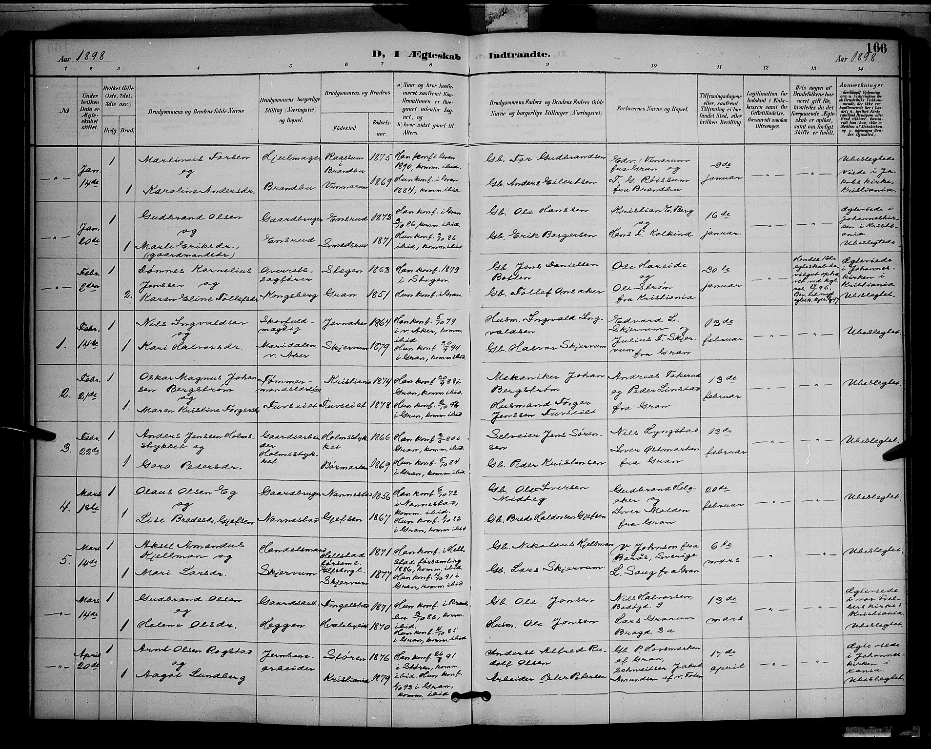 Gran prestekontor, SAH/PREST-112/H/Ha/Hab/L0005: Parish register (copy) no. 5, 1892-1900, p. 166