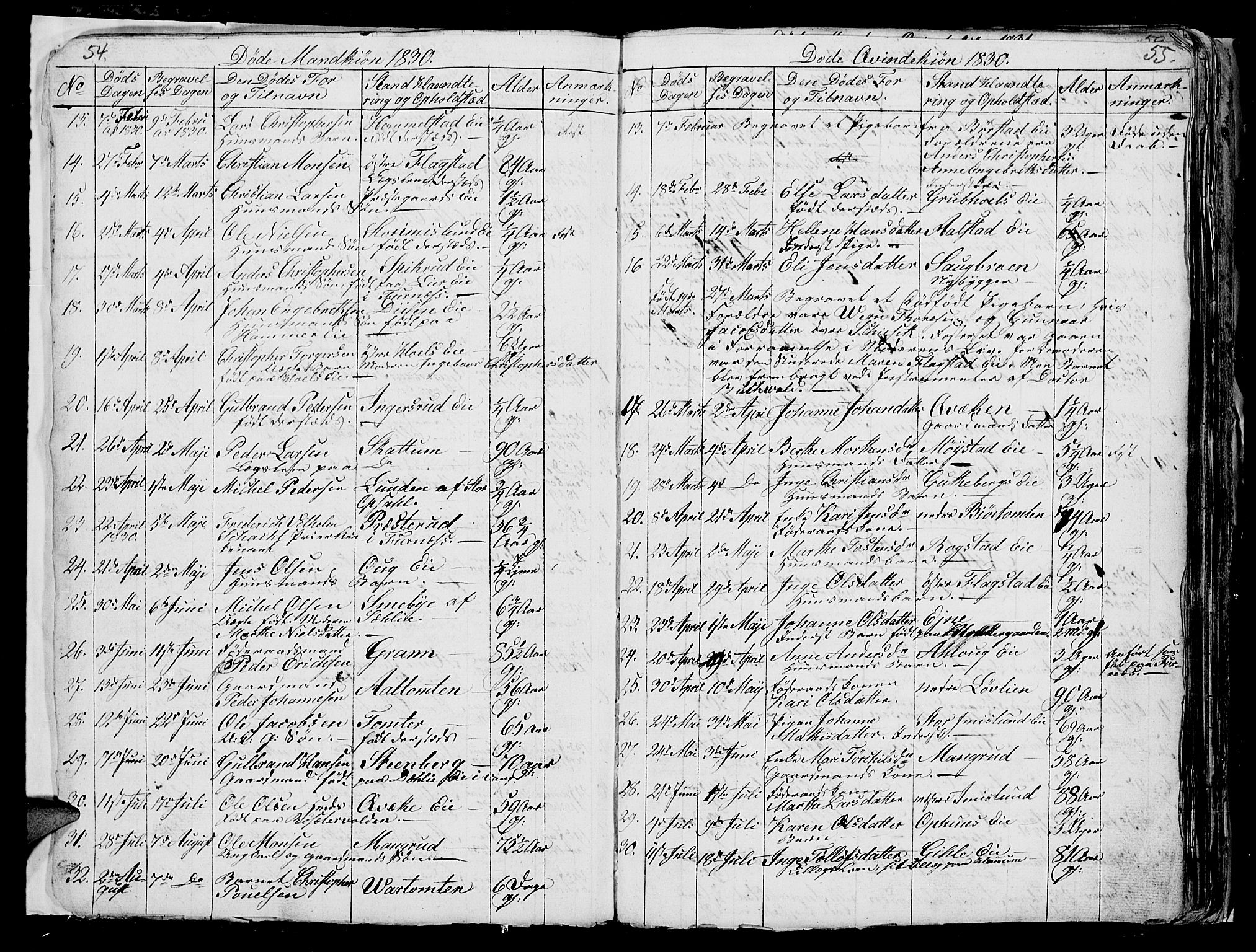 Vang prestekontor, Hedmark, SAH/PREST-008/H/Ha/Hab/L0006: Parish register (copy) no. 6, 1819-1832, p. 54-55