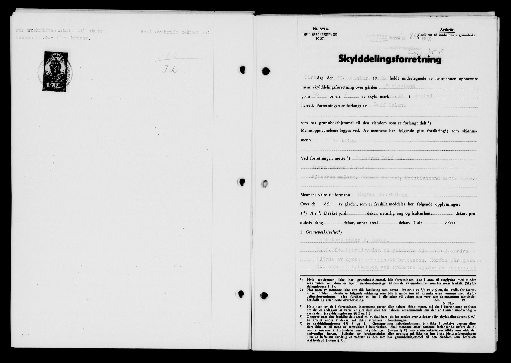 Lyngdal sorenskriveri, AV/SAK-1221-0004/G/Gb/L0679: Mortgage book no. A XXV, 1959-1960, Diary no: : 878/1959