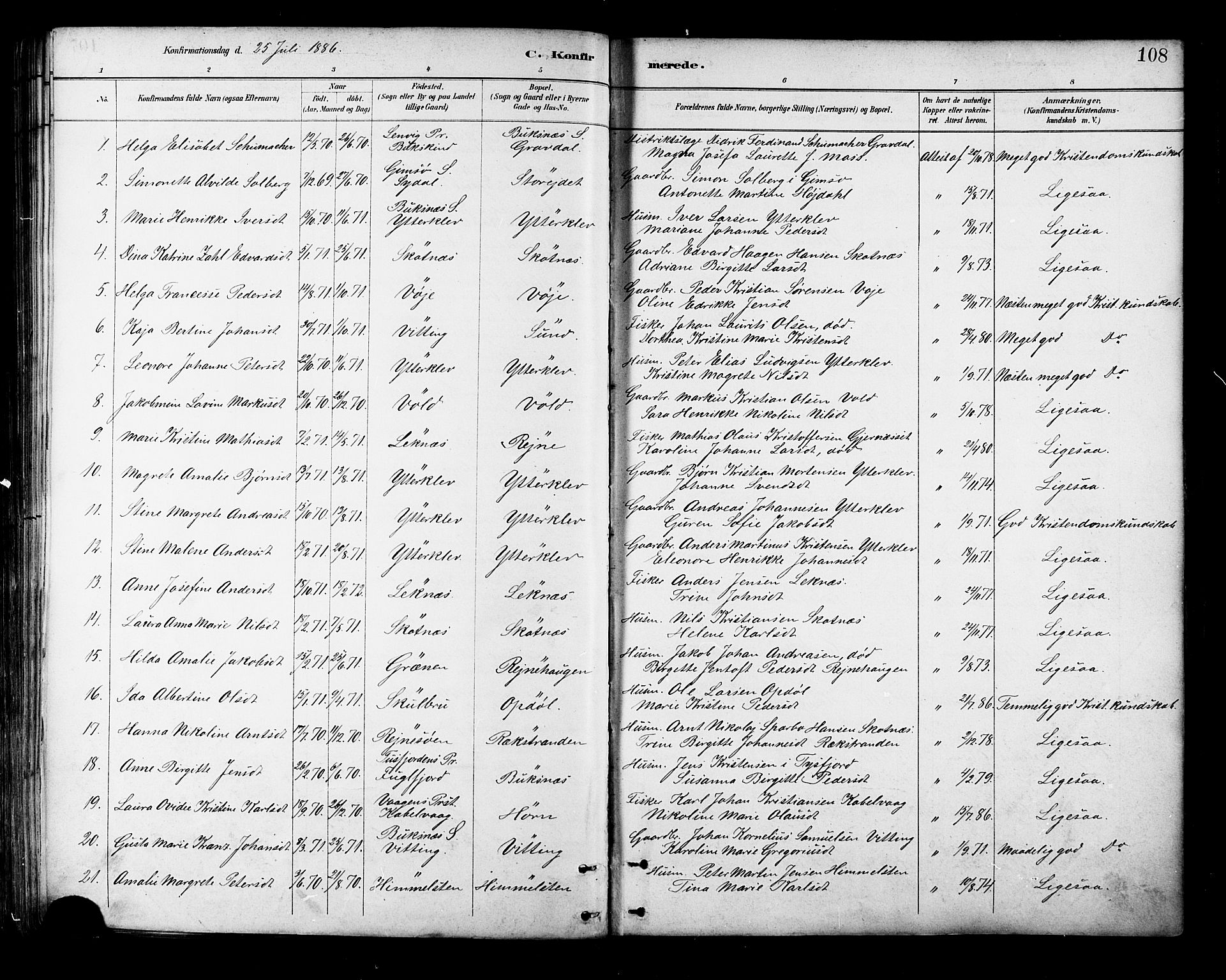 Ministerialprotokoller, klokkerbøker og fødselsregistre - Nordland, AV/SAT-A-1459/881/L1167: Parish register (copy) no. 881C04, 1886-1899, p. 108