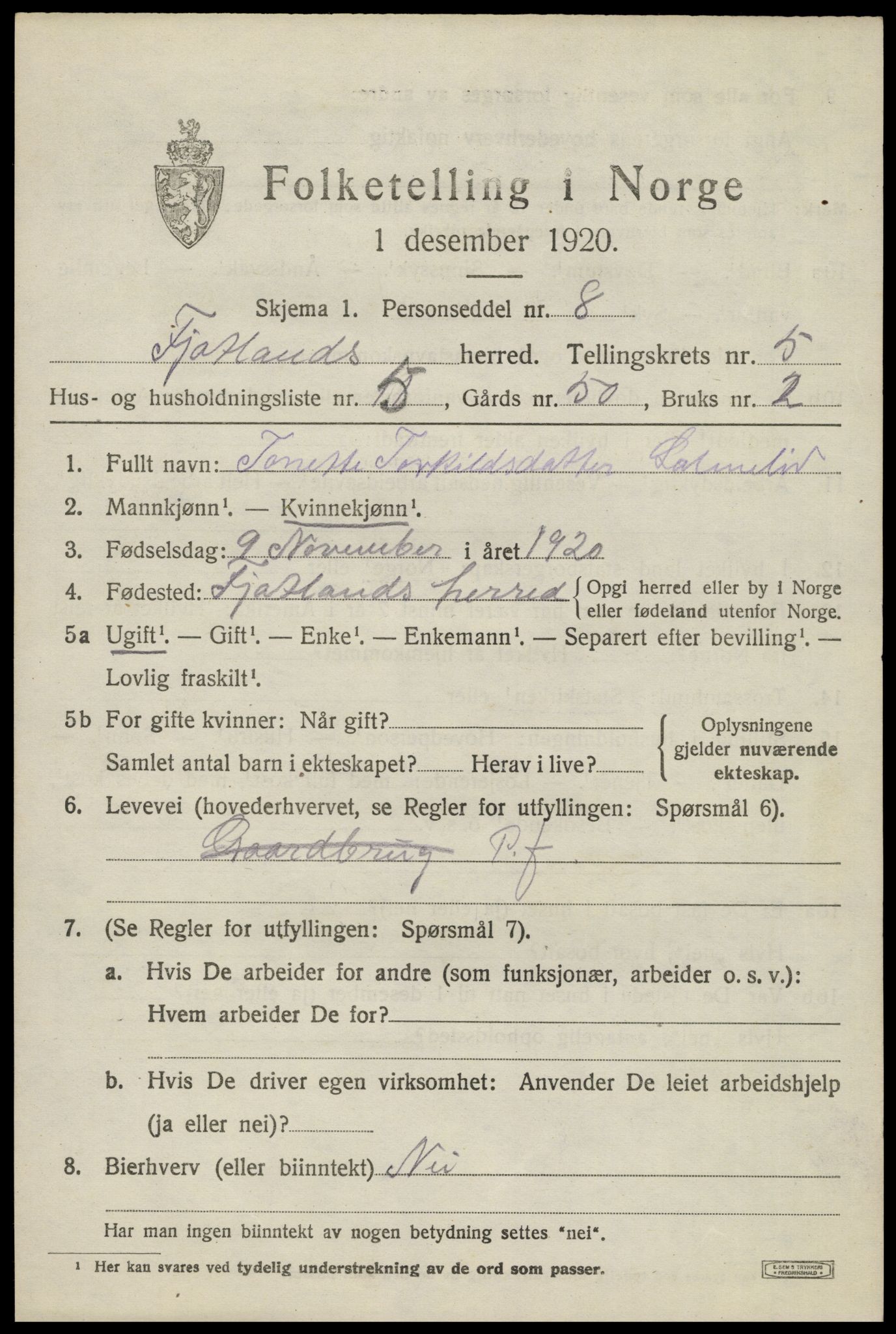 SAK, 1920 census for Fjotland, 1920, p. 1586