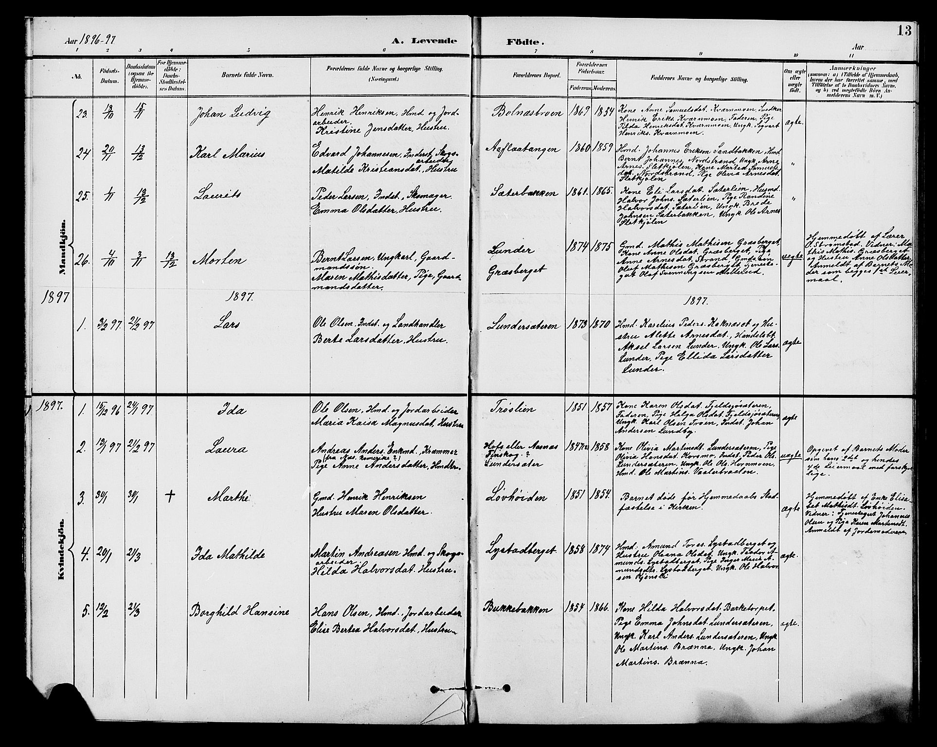 Brandval prestekontor, SAH/PREST-034/H/Ha/Hab/L0001: Parish register (copy) no. 1, 1895-1910, p. 13