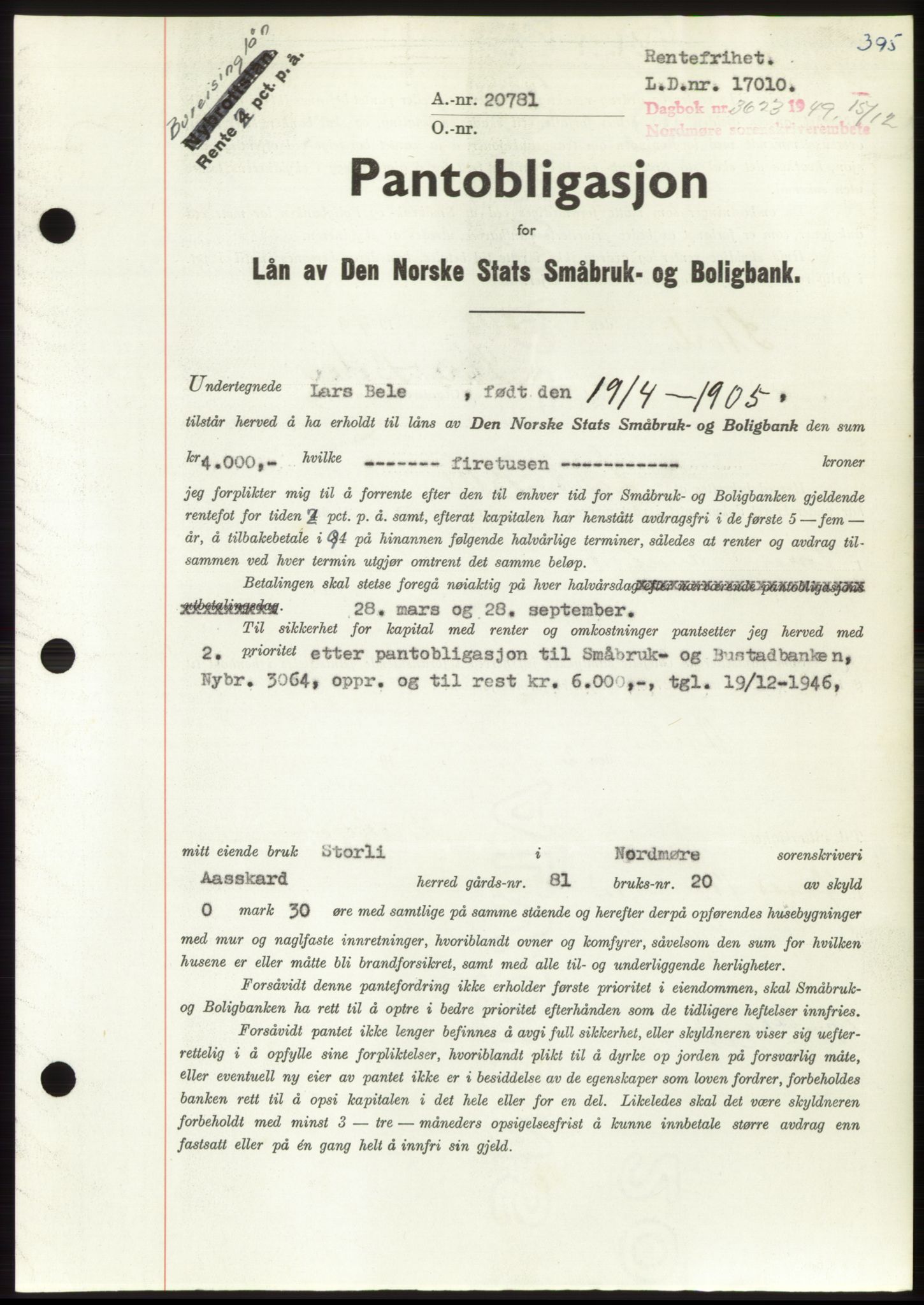 Nordmøre sorenskriveri, AV/SAT-A-4132/1/2/2Ca: Mortgage book no. B103, 1949-1950, Diary no: : 3623/1949