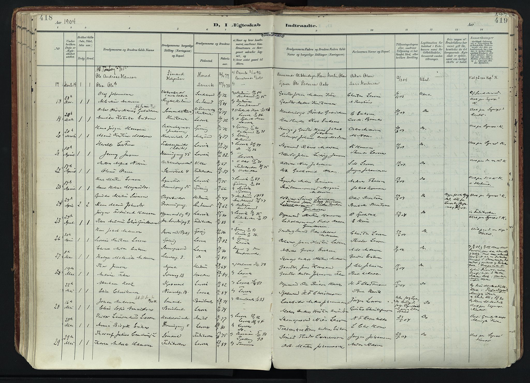 Larvik kirkebøker, SAKO/A-352/F/Fa/L0011: Parish register (official) no. I 11, 1902-1922, p. 418-419