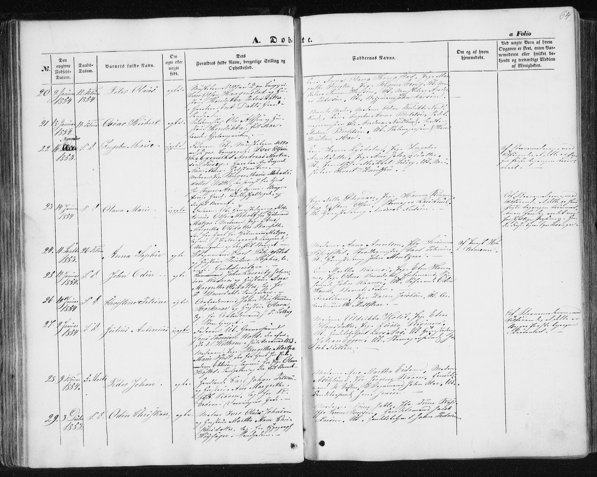 Ministerialprotokoller, klokkerbøker og fødselsregistre - Sør-Trøndelag, SAT/A-1456/602/L0112: Parish register (official) no. 602A10, 1848-1859, p. 64