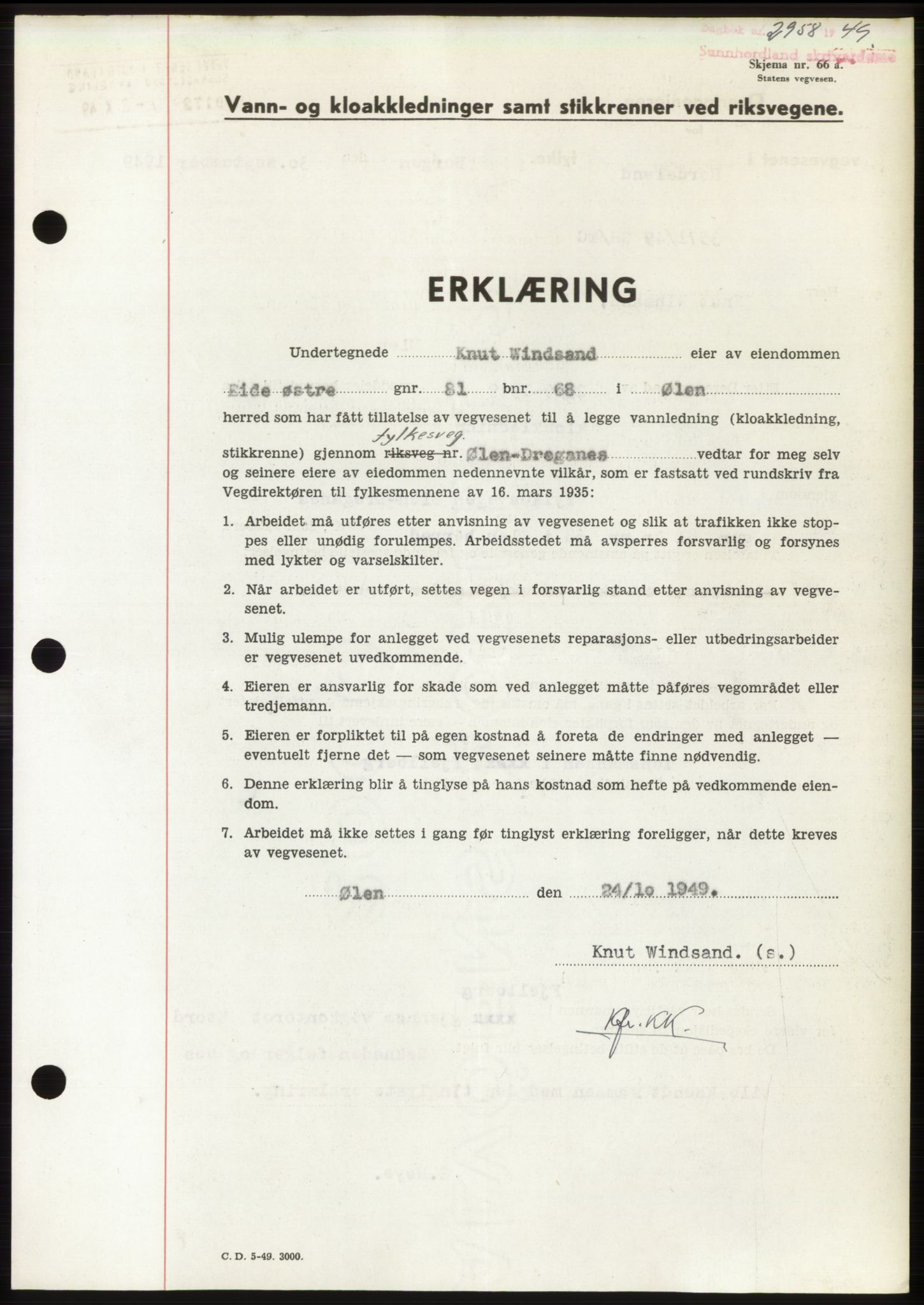 Sunnhordland sorenskrivar, AV/SAB-A-2401: Mortgage book no. B75-79, 1948-1950, Diary no: : 2958/1949