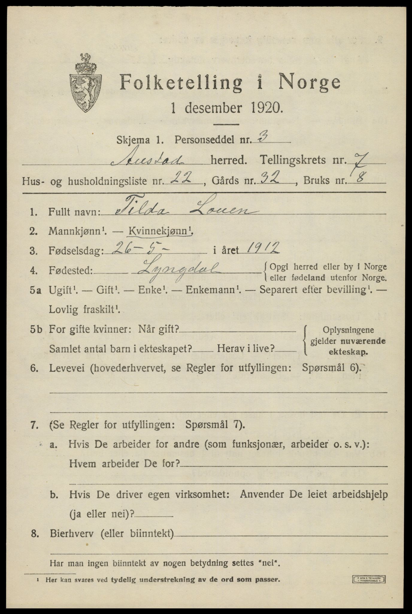 SAK, 1920 census for Austad, 1920, p. 2491