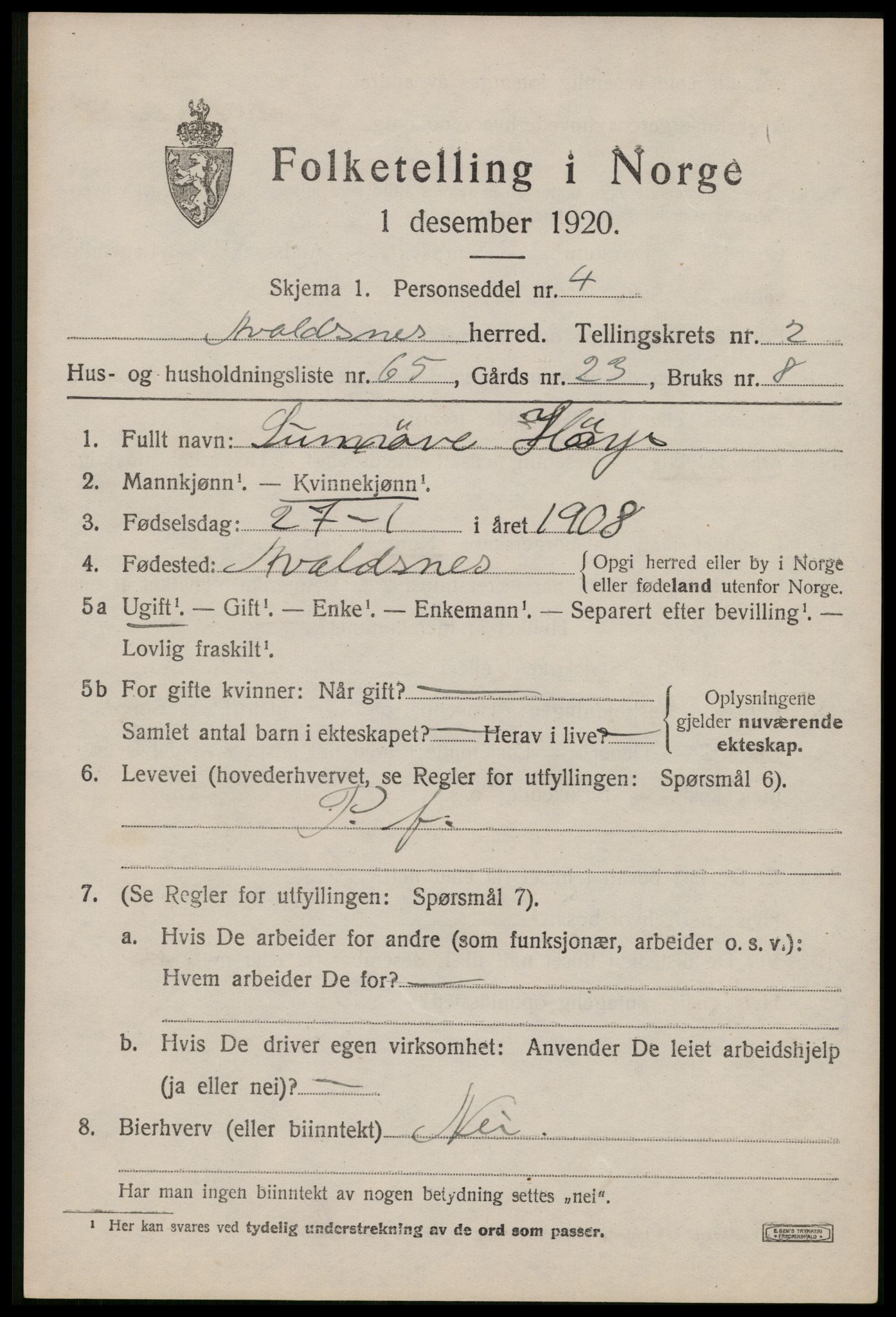 SAST, 1920 census for Avaldsnes, 1920, p. 2645