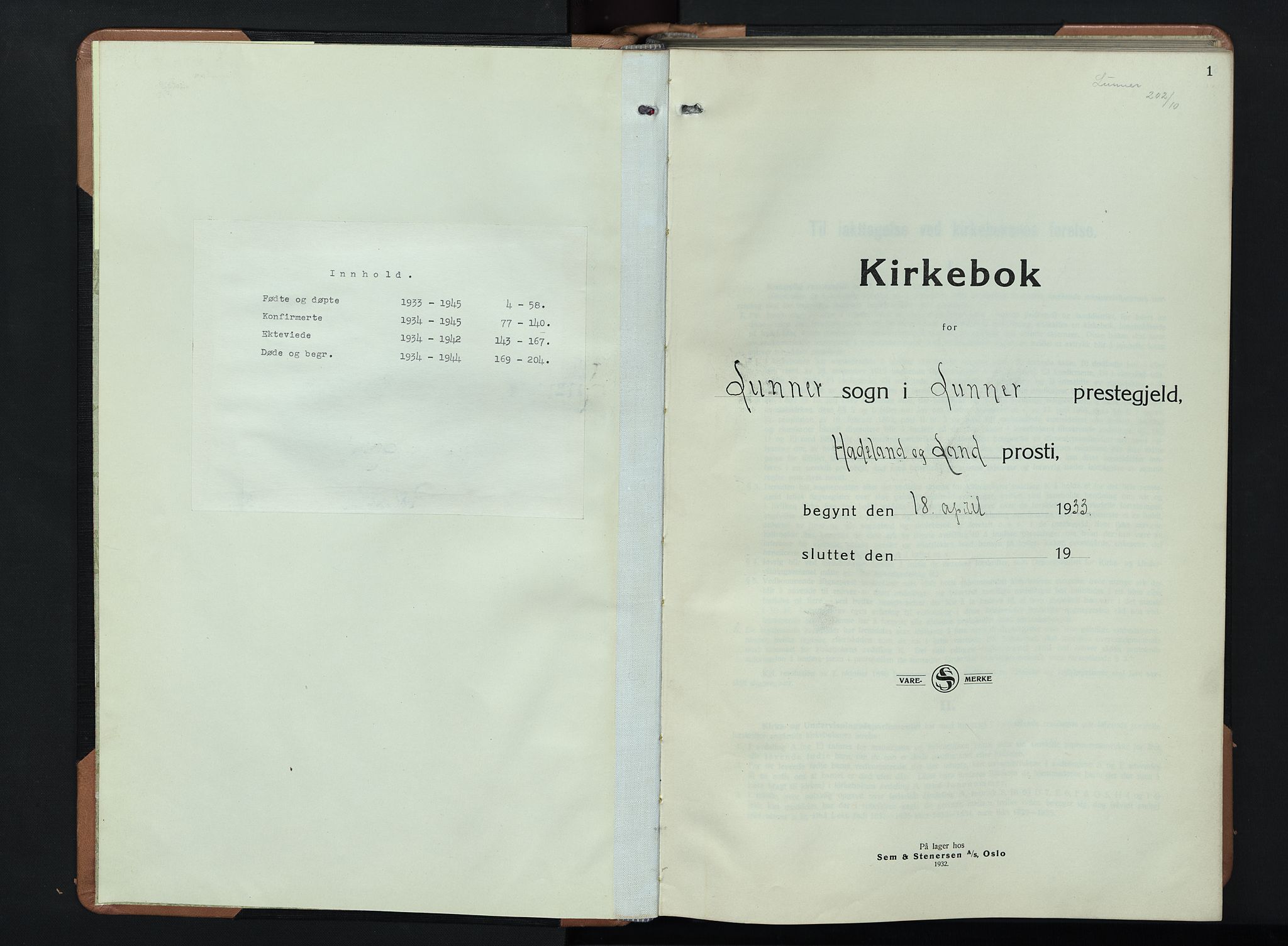 Lunner prestekontor, SAH/PREST-118/H/Ha/Hab/L0003: Parish register (copy) no. 3, 1933-1945, p. 1