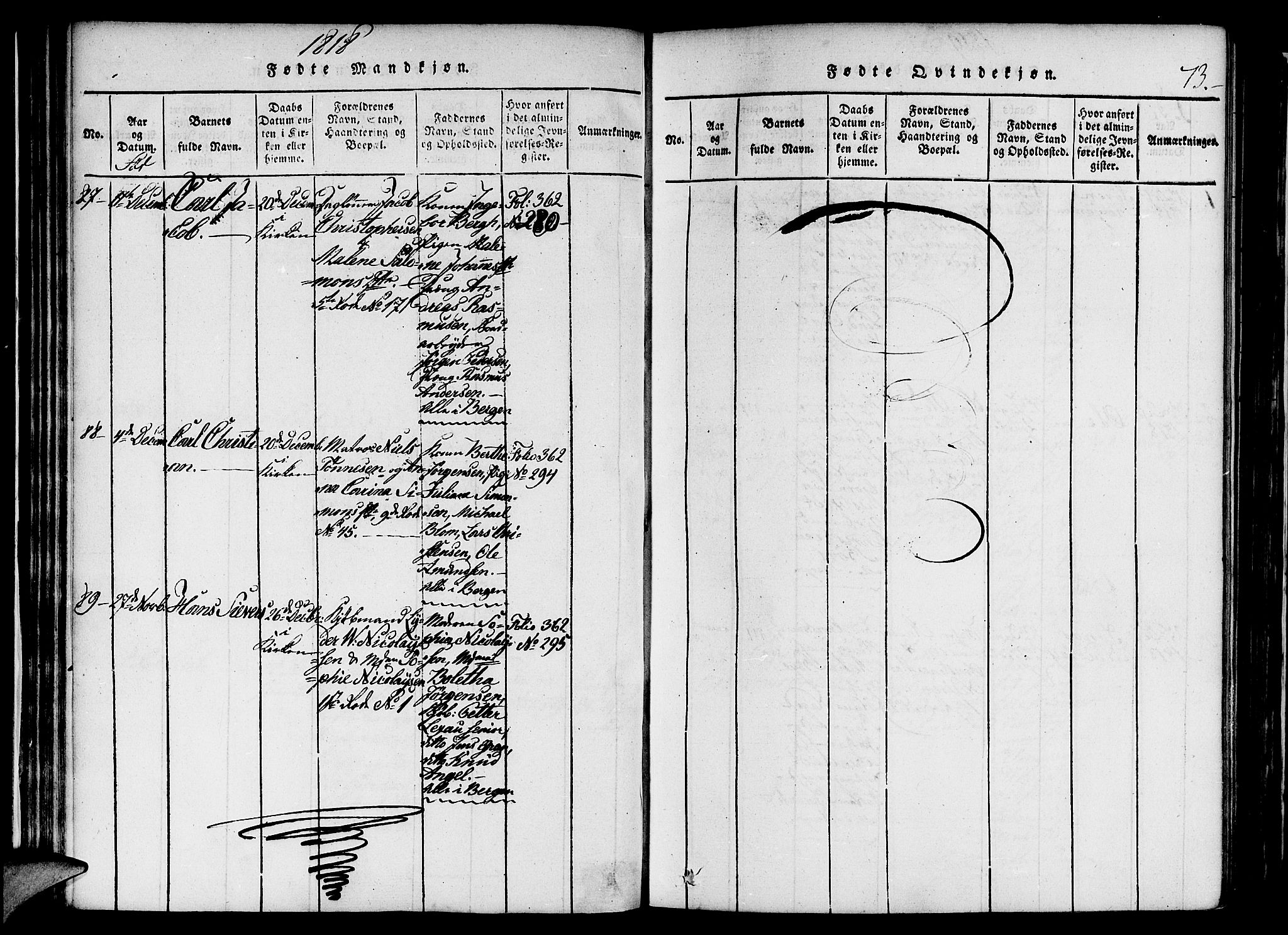 Nykirken Sokneprestembete, AV/SAB-A-77101/H/Haa/L0011: Parish register (official) no. A 11, 1816-1821, p. 73