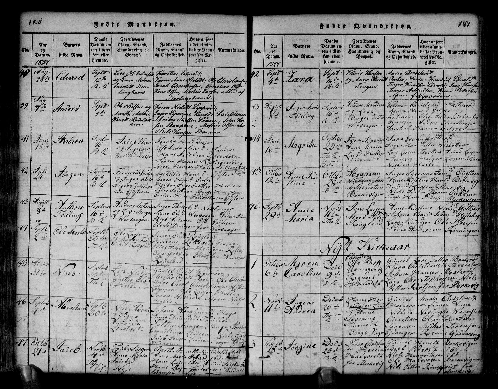 Brunlanes kirkebøker, AV/SAKO-A-342/G/Ga/L0001: Parish register (copy) no. I 1, 1814-1834, p. 180-181