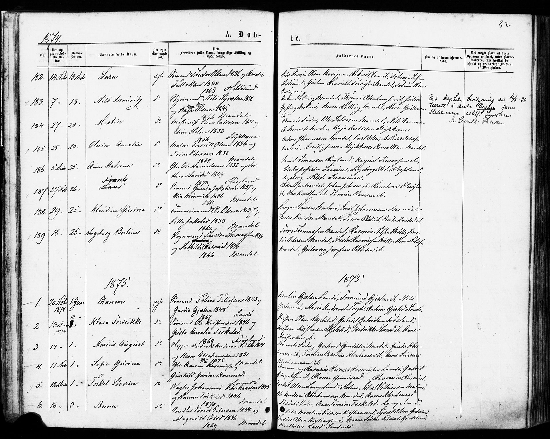 Mandal sokneprestkontor, SAK/1111-0030/F/Fa/Faa/L0015: Parish register (official) no. A 15, 1873-1879, p. 32