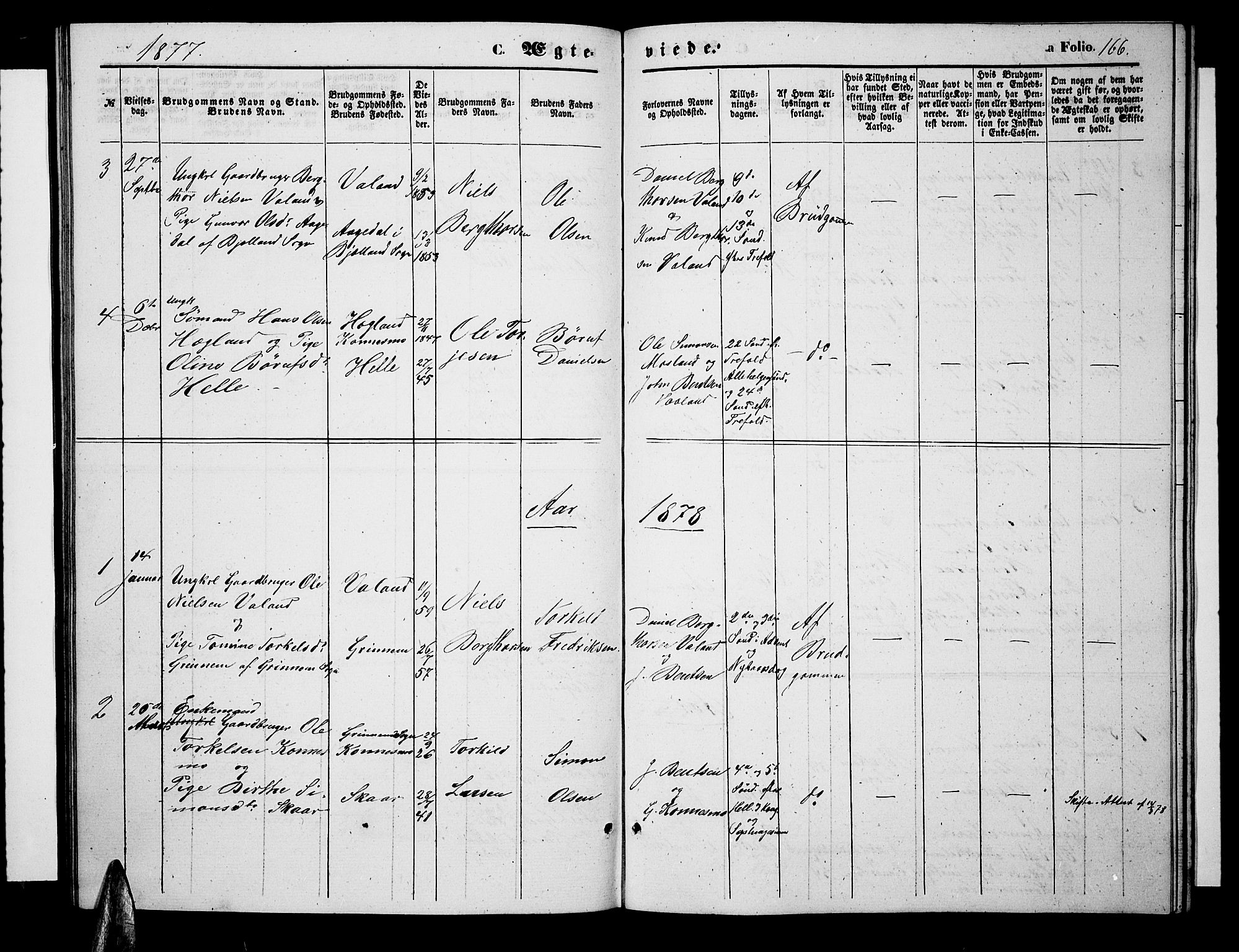 Nord-Audnedal sokneprestkontor, AV/SAK-1111-0032/F/Fb/Fba/L0002: Parish register (copy) no. B 2, 1856-1882, p. 166