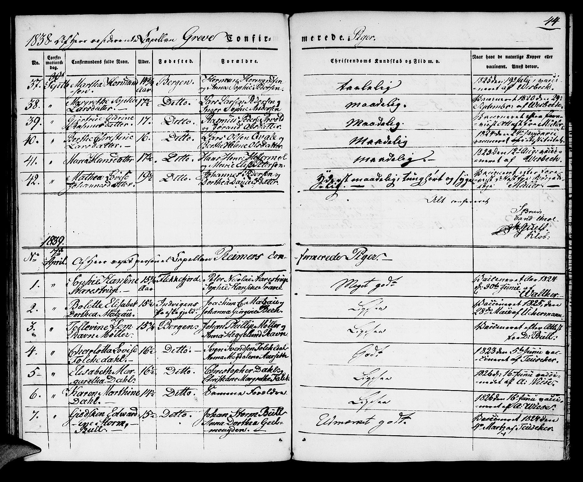 Domkirken sokneprestembete, SAB/A-74801/H/Haa/L0026: Parish register (official) no. C 1, 1834-1840, p. 44