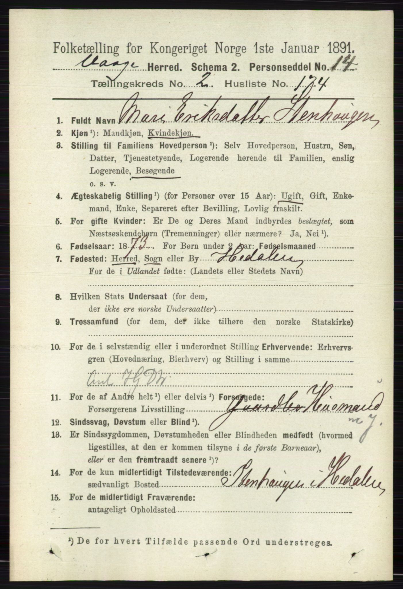 RA, 1891 census for 0515 Vågå, 1891, p. 2184