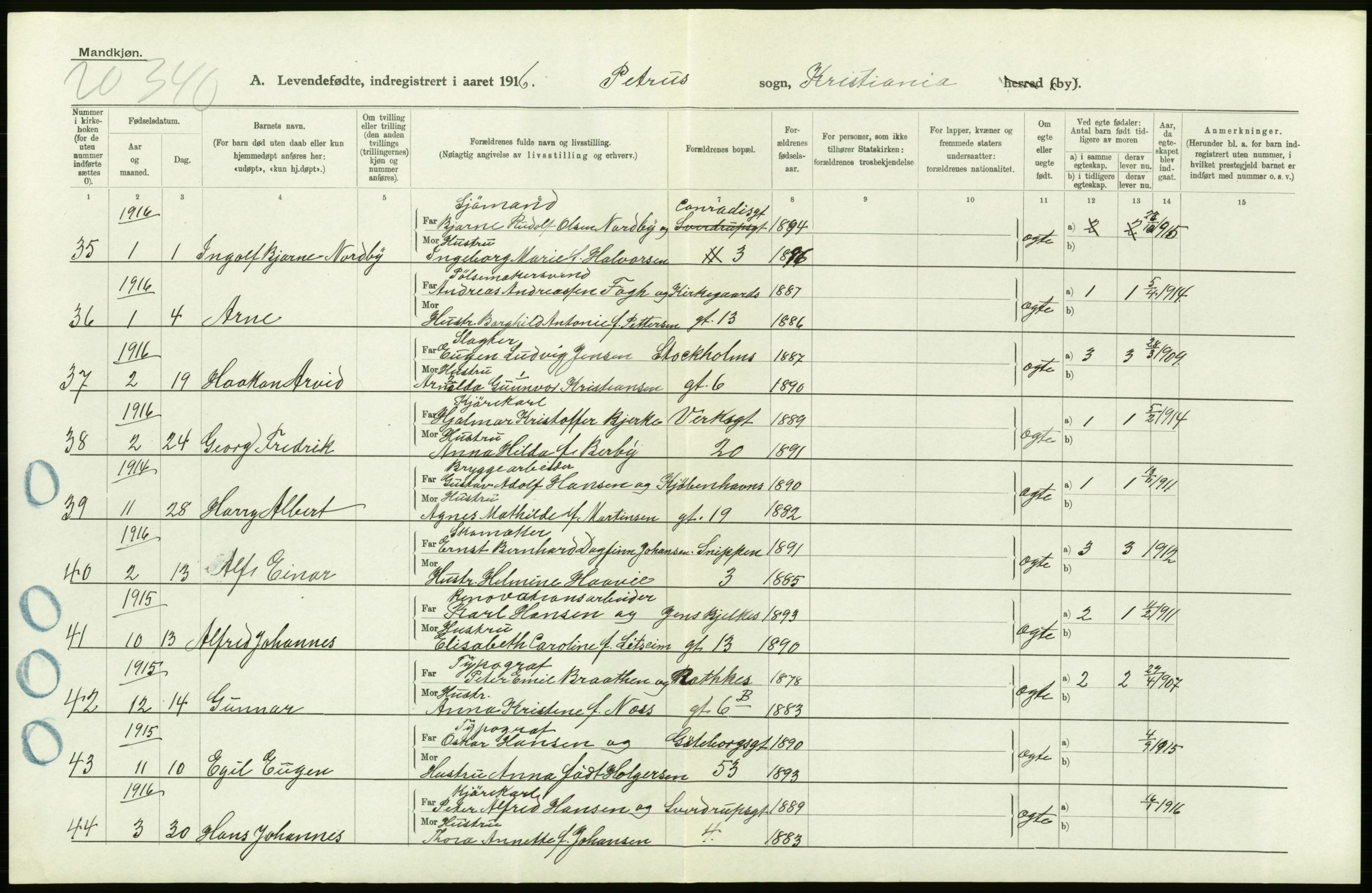 Statistisk sentralbyrå, Sosiodemografiske emner, Befolkning, AV/RA-S-2228/D/Df/Dfb/Dfbf/L0006: Kristiania: Levendefødte menn og kvinner., 1916, p. 556